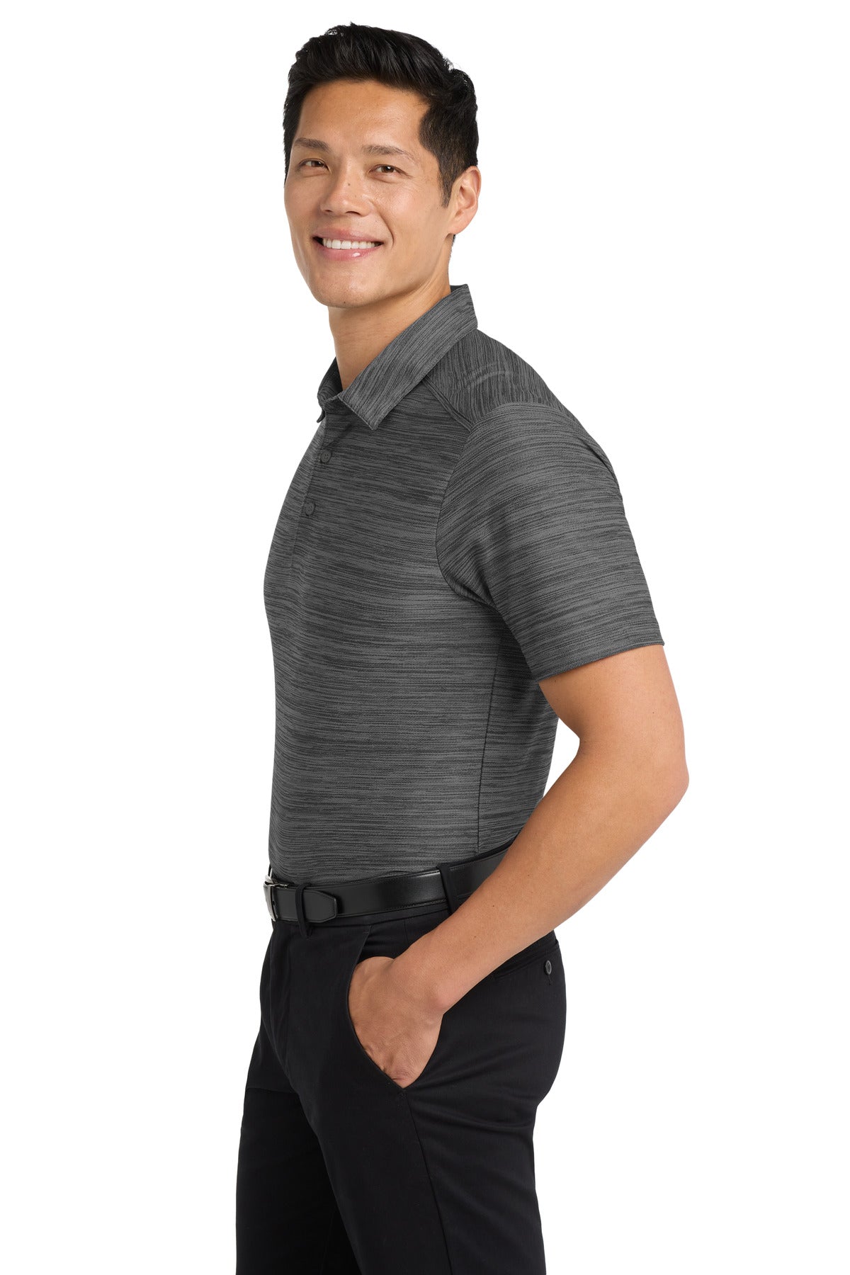 Black/Thndr Gy Port Authority Stretch Heather Polo K583