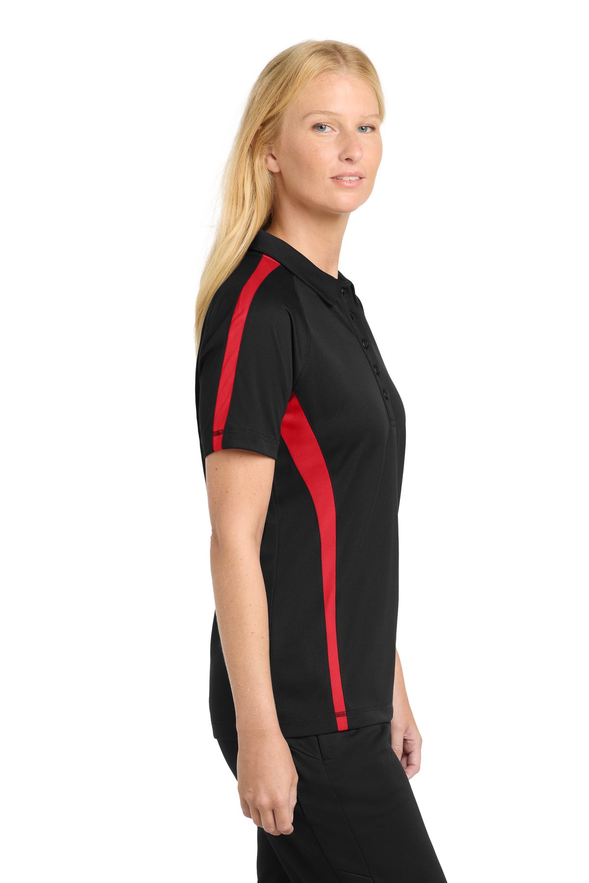 Black/Tr Red Sport-Tek Women's PosiCharge Micro-Mesh Colorblock Polo. LST685