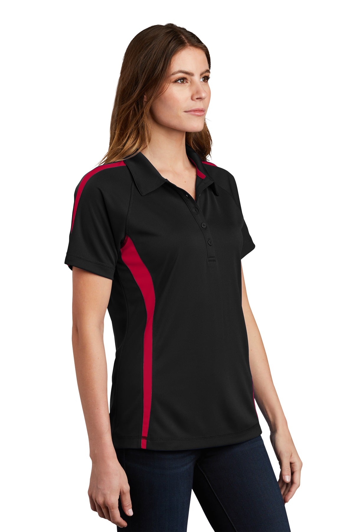 Black/Tr Red Sport-Tek Women's PosiCharge Micro-Mesh Colorblock Polo. LST685