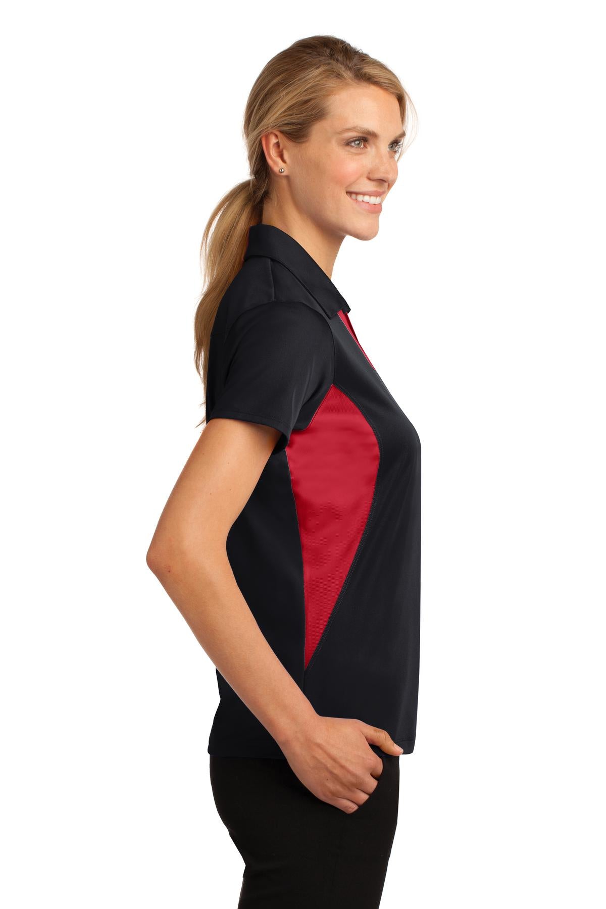 Black/True Red Sport-Tek Women's Side Blocked Micropique Sport-Wick Polo. LST655
