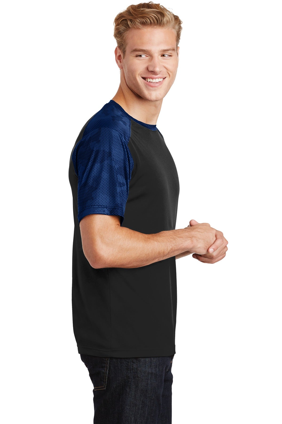 Black/True Roy Sport-Tek CamoHex Colorblock Tee. ST371