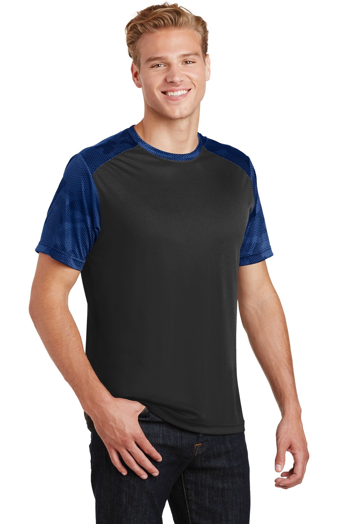 Black/True Roy Sport-Tek CamoHex Colorblock Tee. ST371