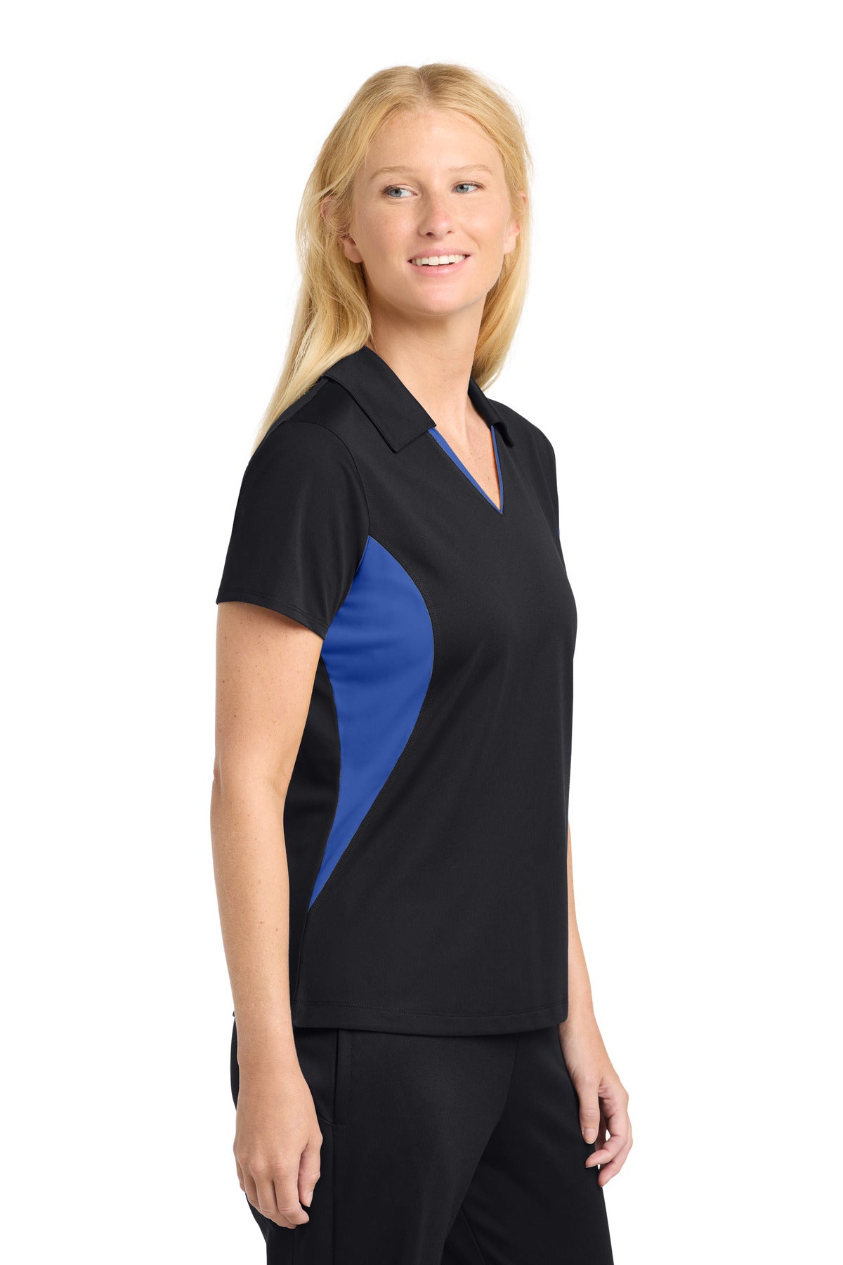 Black/True Ryl Sport-Tek Women's Side Blocked Micropique Sport-Wick Polo. LST655