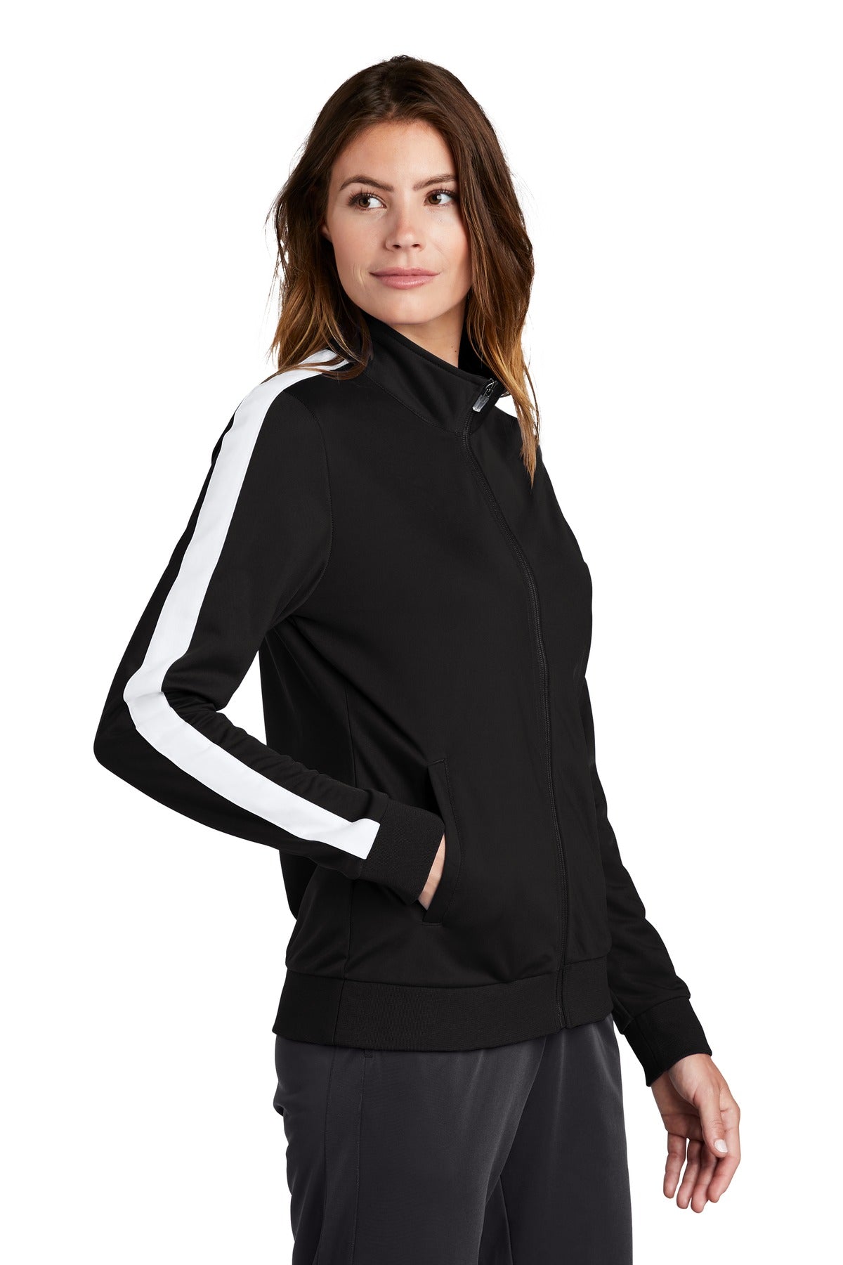 Black/White Sport-Tek Ladies Tricot Sleeve Stripe Track Jacket. LST94