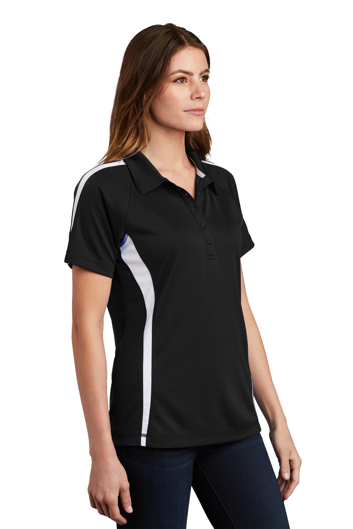 Black/White Sport-Tek Women's PosiCharge Micro-Mesh Colorblock Polo. LST685