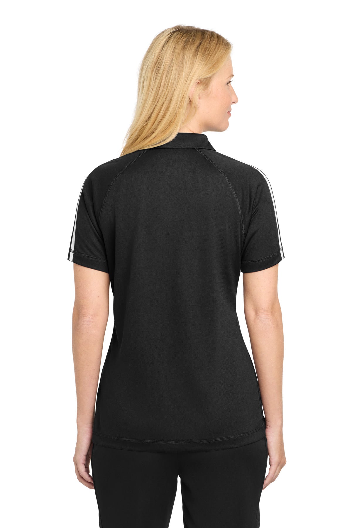 Black/White Sport-Tek Women's PosiCharge Micro-Mesh Colorblock Polo. LST685