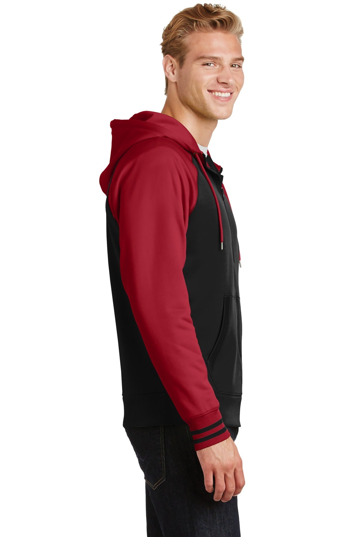 Blk/Deep Red Sport-Tek Sport-Wick Varsity Fleece Full-Zip Hooded Jacket. ST236
