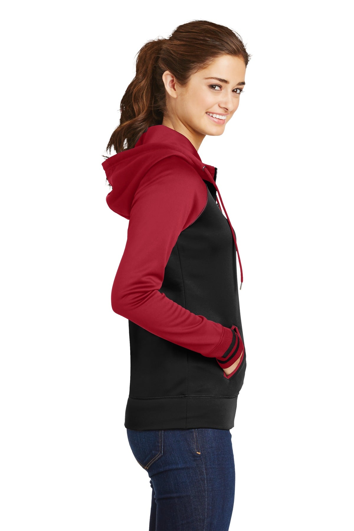 Blk/Deep Red Sport-Tek Women's Sport-Wick Varsity Fleece Full-Zip Hooded Jacket. LST236
