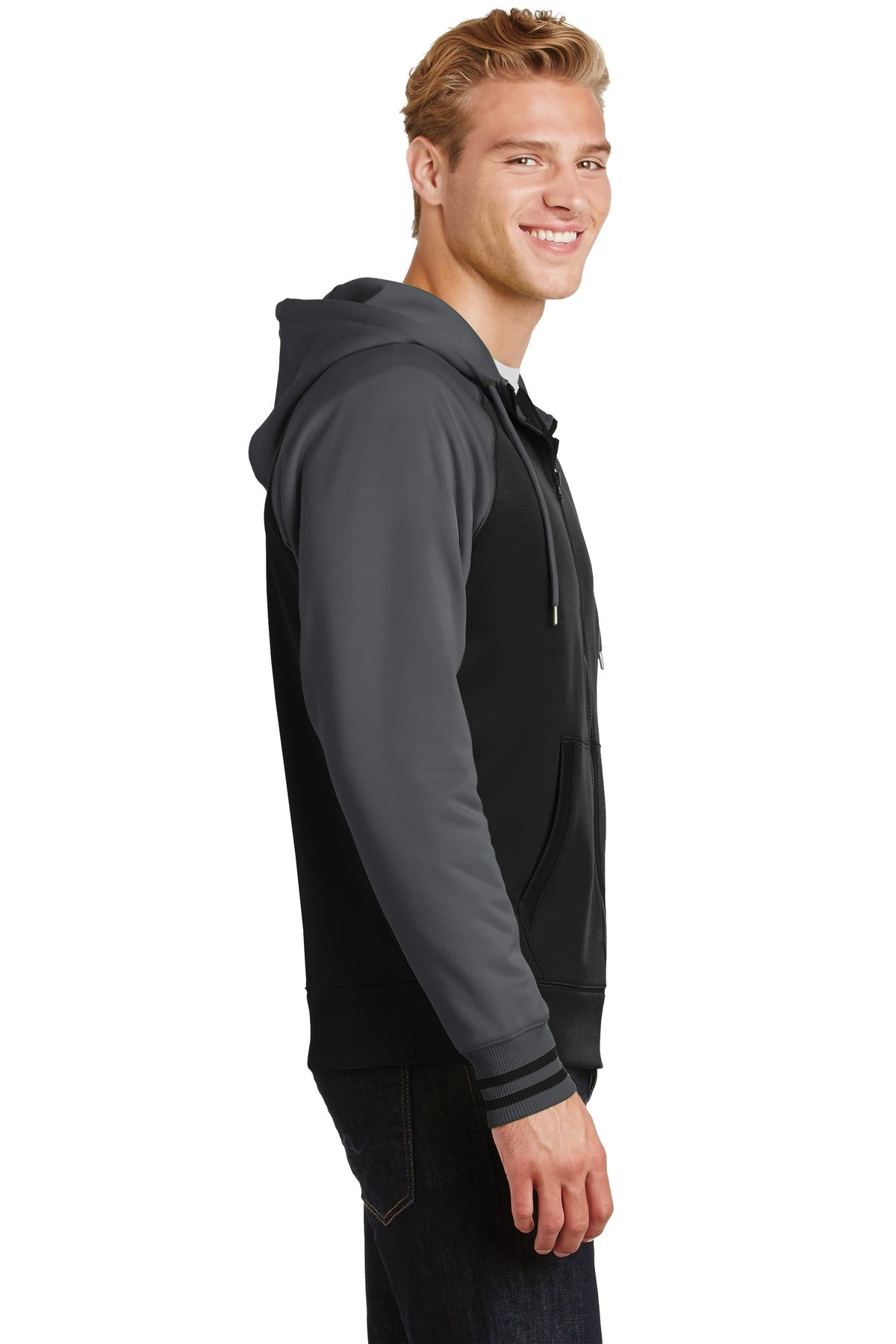 Blk/Dk Smk Gry Sport-Tek Sport-Wick Varsity Fleece Full-Zip Hooded Jacket. ST236