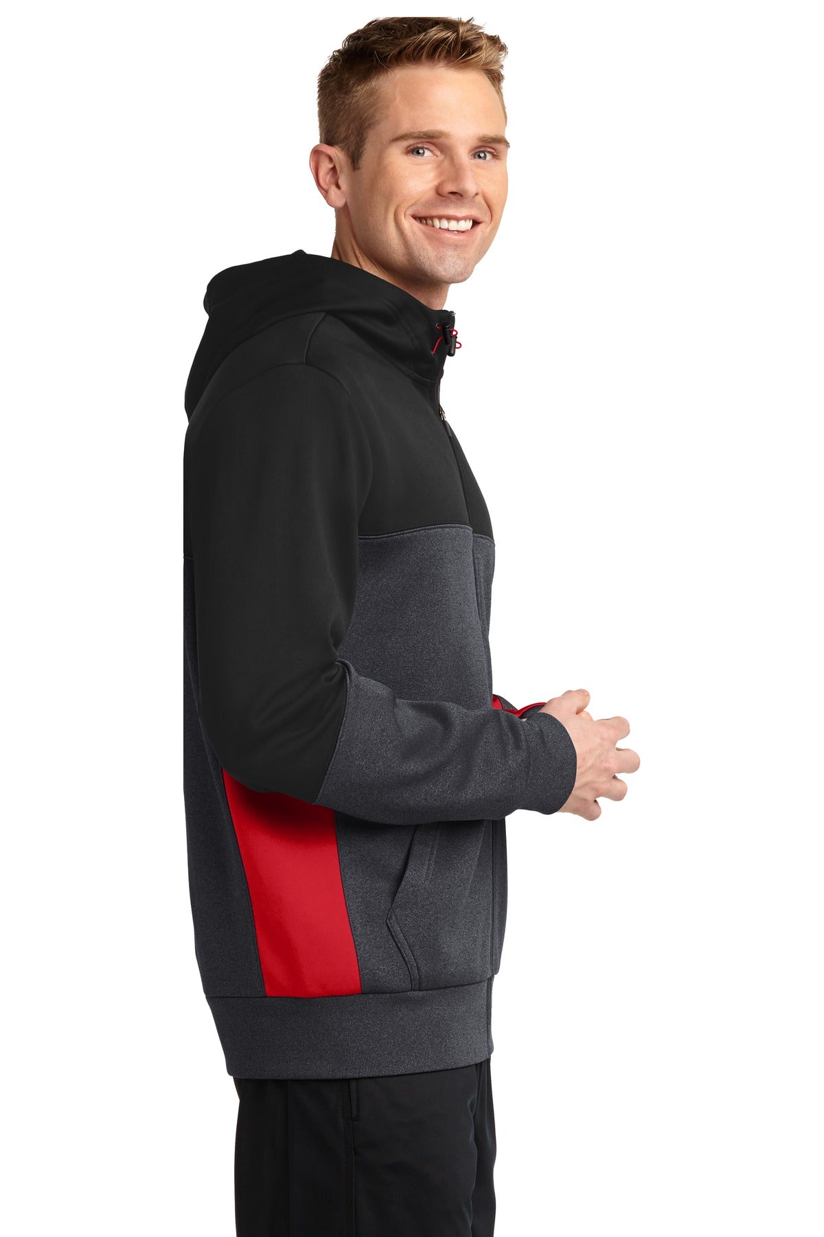 Blk/Gph/Tr Red Sport-Tek Tech Fleece Colorblock Full-Zip Hooded Jacket. ST245
