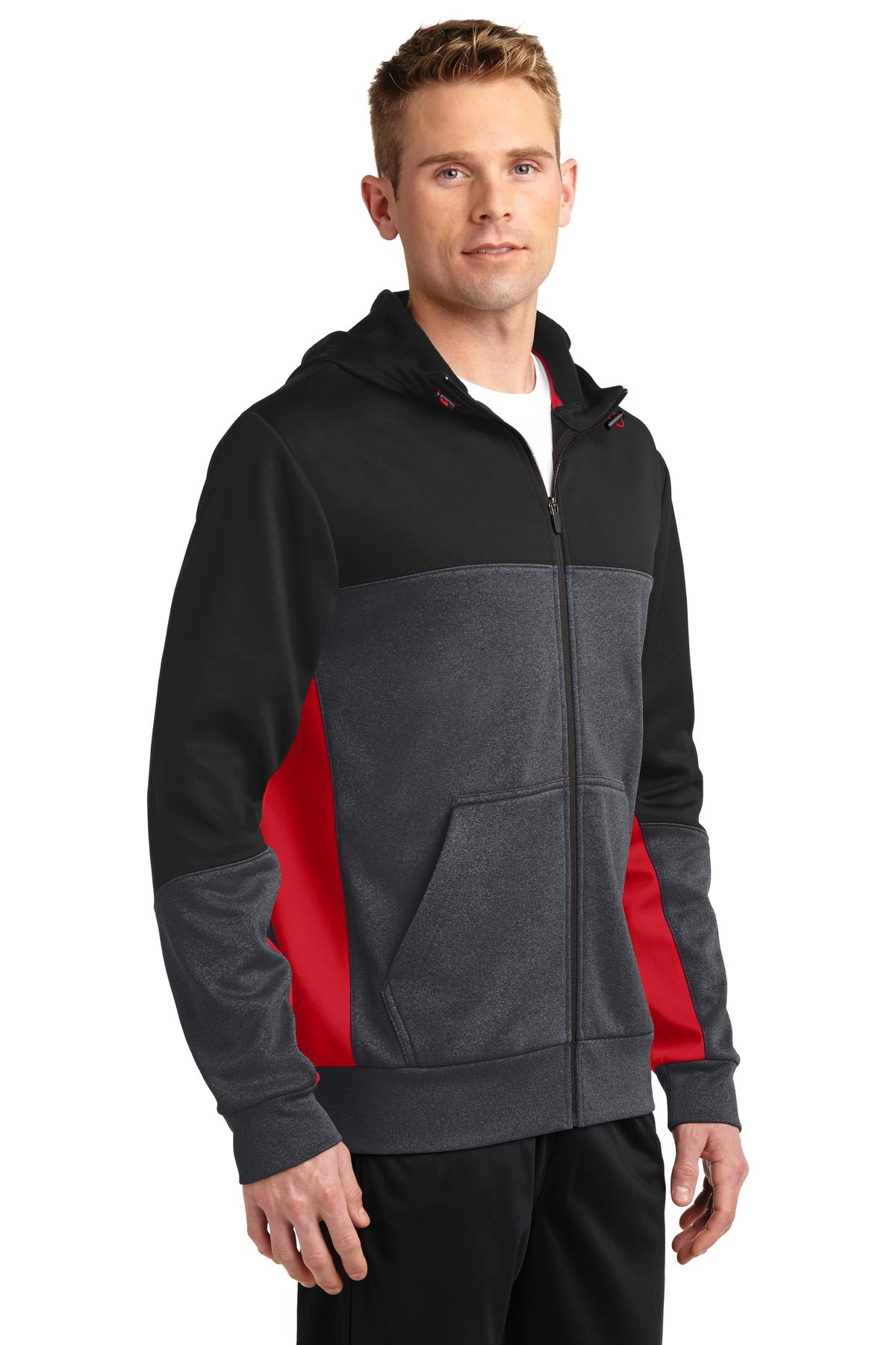 Blk/Gph/Tr Red Sport-Tek Tech Fleece Colorblock Full-Zip Hooded Jacket. ST245