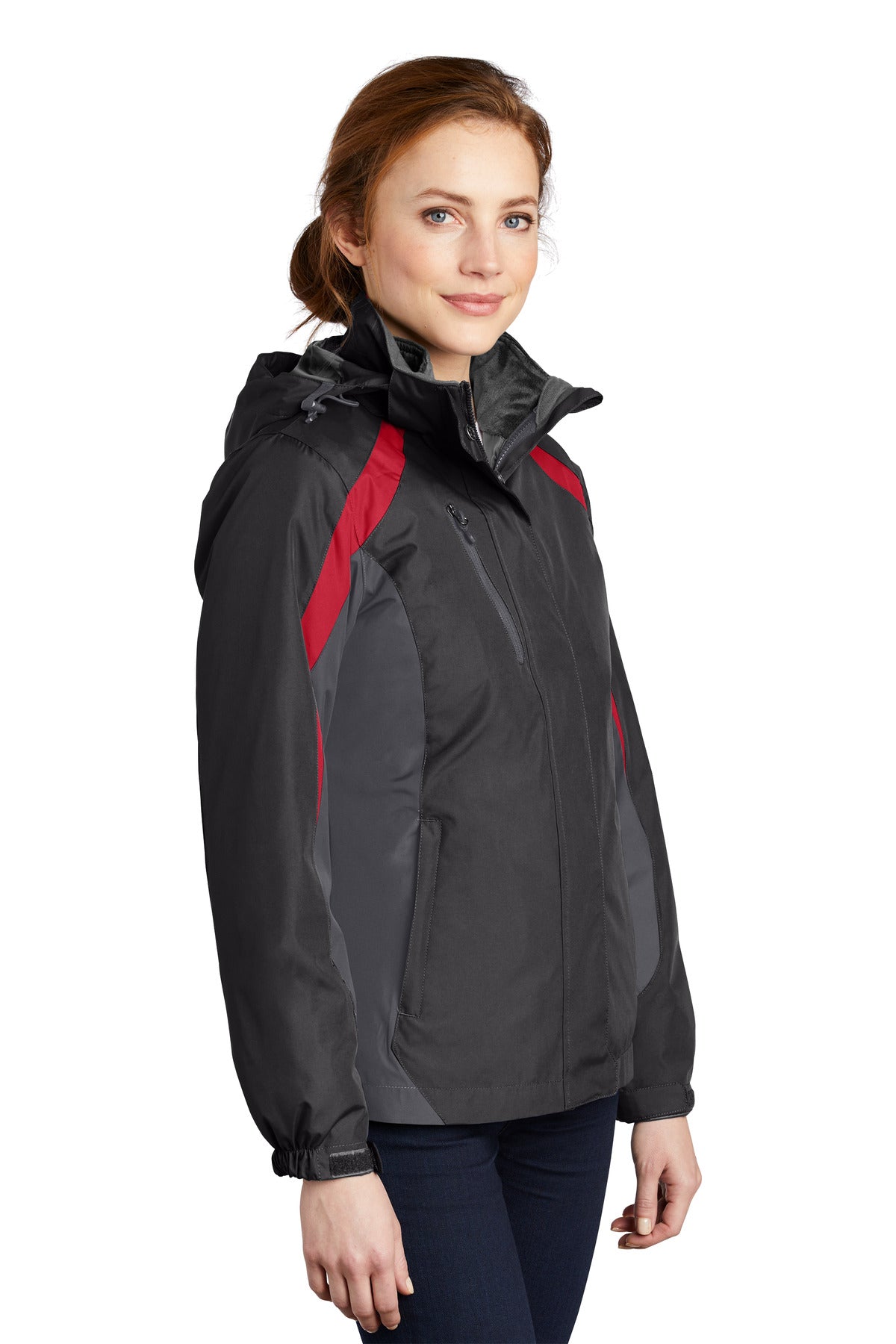 Blk/Mg Gry/Red Port Authority Women's Colorblock 3-in-1 Jacket. L321