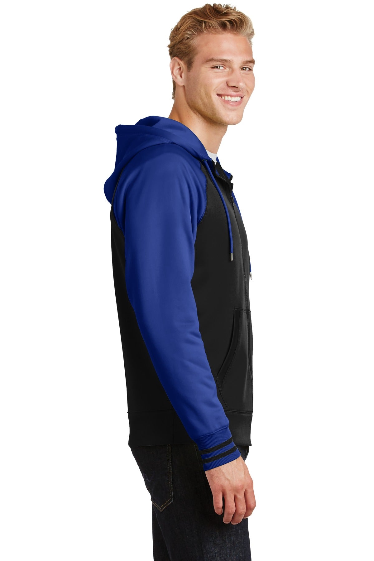 Blk/True Royal Sport-Tek Sport-Wick Varsity Fleece Full-Zip Hooded Jacket. ST236