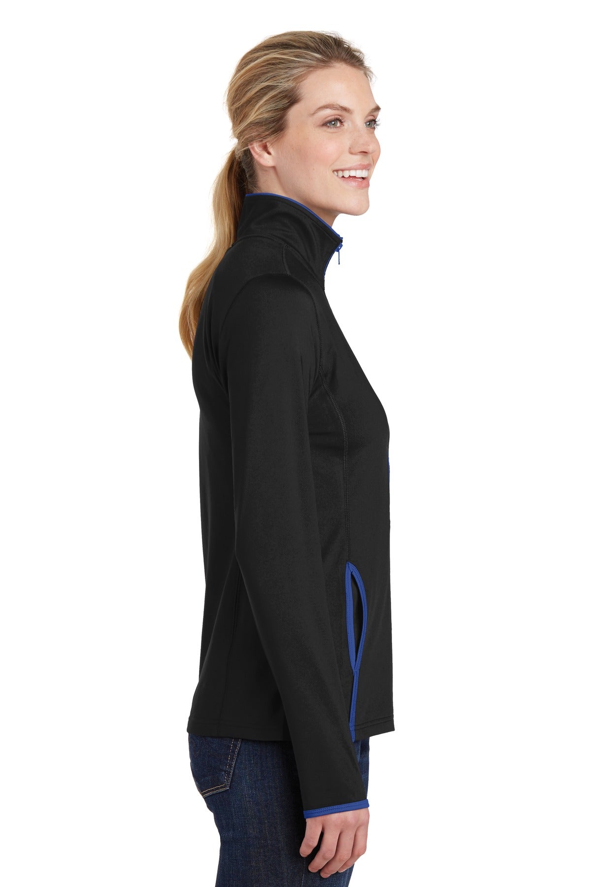 Blk/True Royal Sport-Tek Women's Sport-Wick Stretch Contrast Full-Zip Jacket. LST853