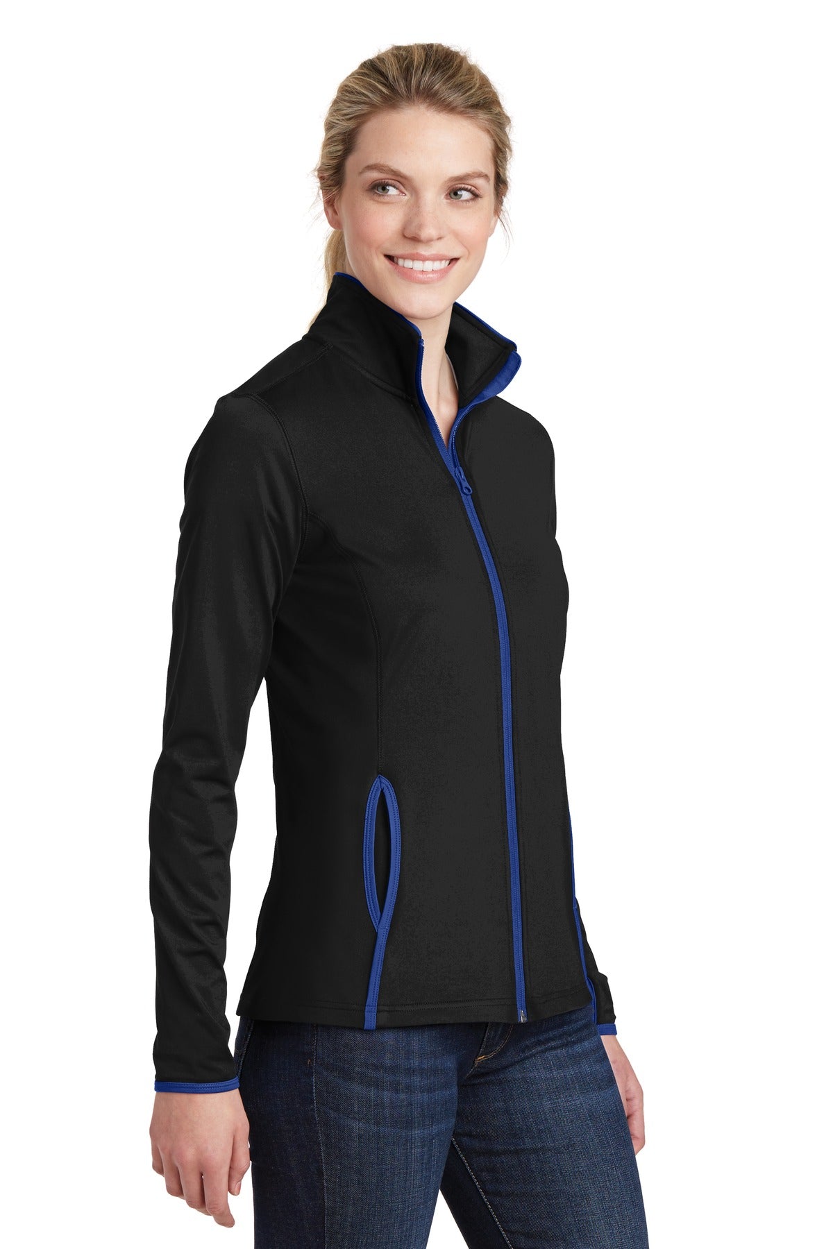Blk/True Royal Sport-Tek Women's Sport-Wick Stretch Contrast Full-Zip Jacket. LST853