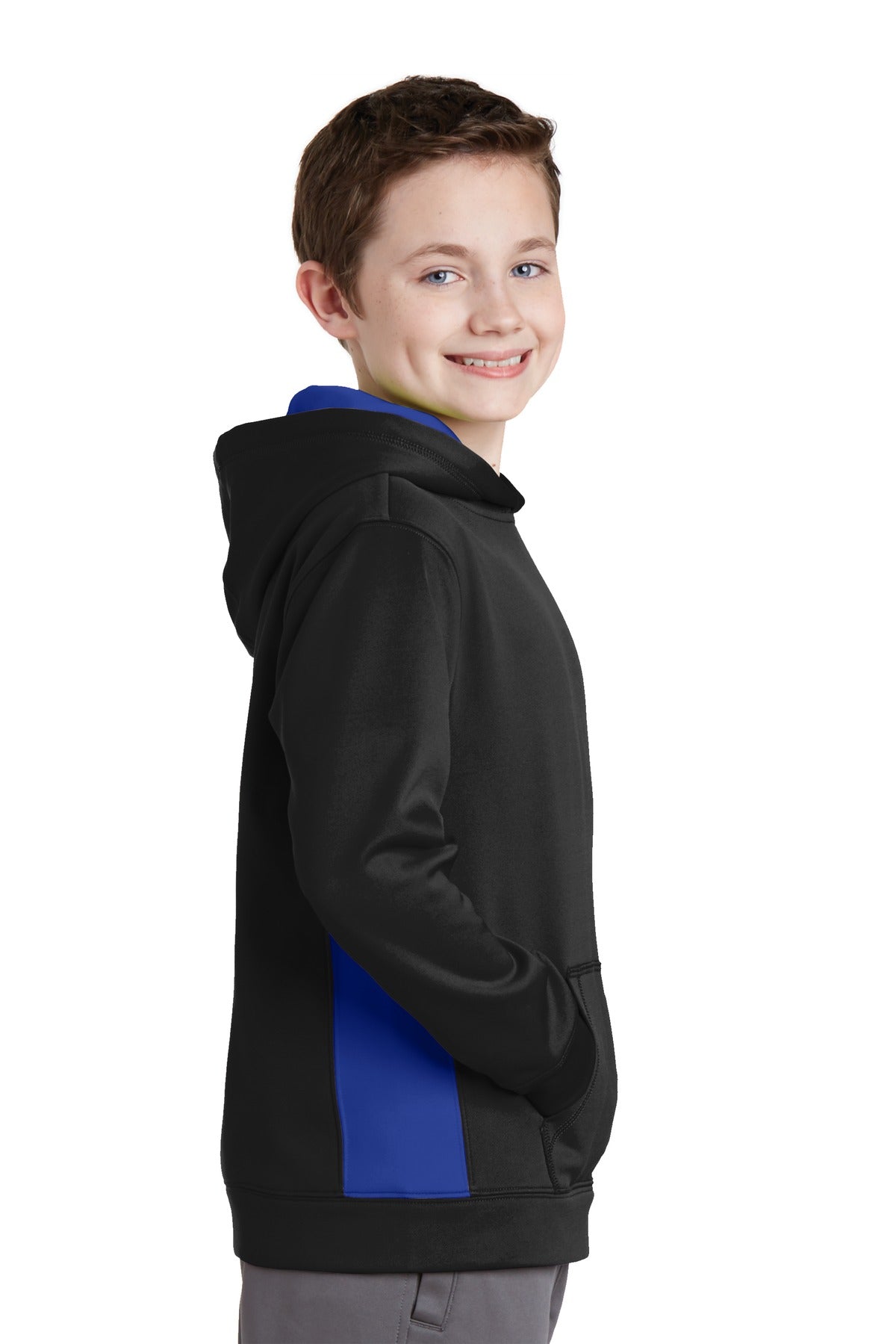 Blk/True Royal Sport-Tek Youth Sport-Wick Fleece Colorblock Hooded Pullover. YST235