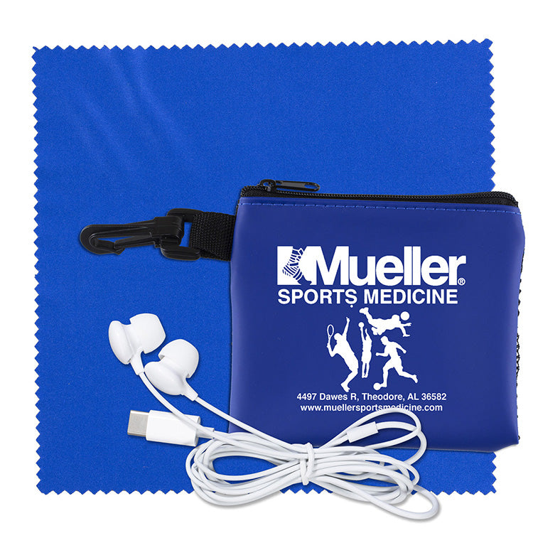 “TechMesh Tunes” Mobile Tech Earbud Kit in Mesh Zipper Pouch Components inserted into Zipper Pouch