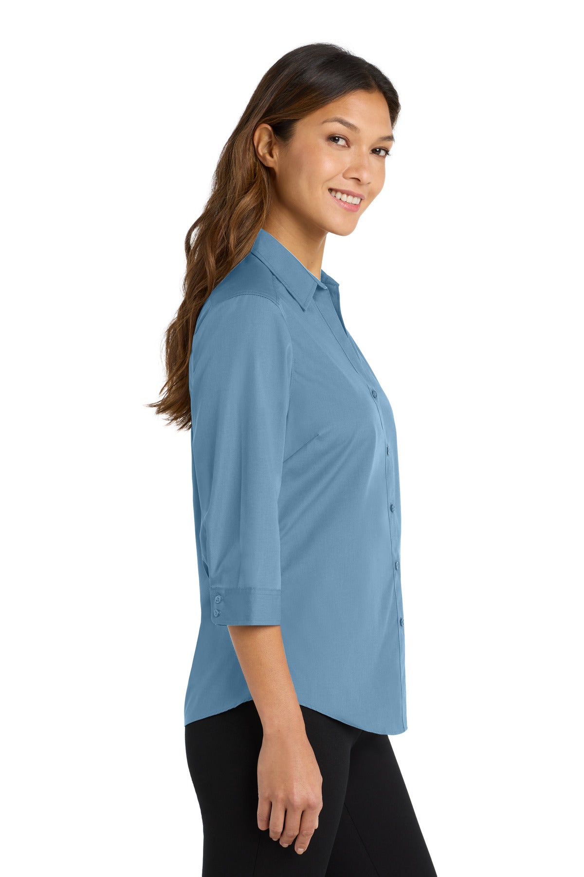 Carolina Blue Port Authority Women's 3/4-Sleeve Carefree Poplin Shirt. LW102