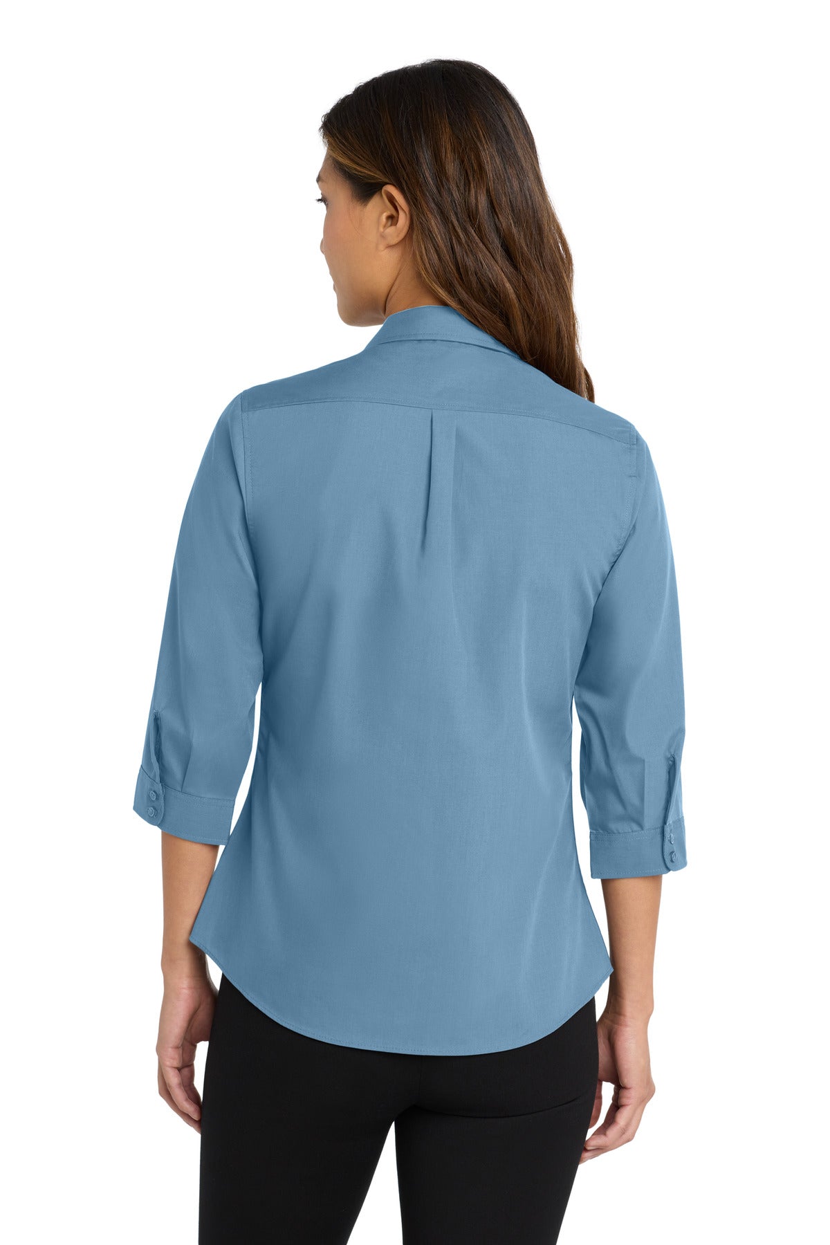 Carolina Blue Port Authority Women's 3/4-Sleeve Carefree Poplin Shirt. LW102