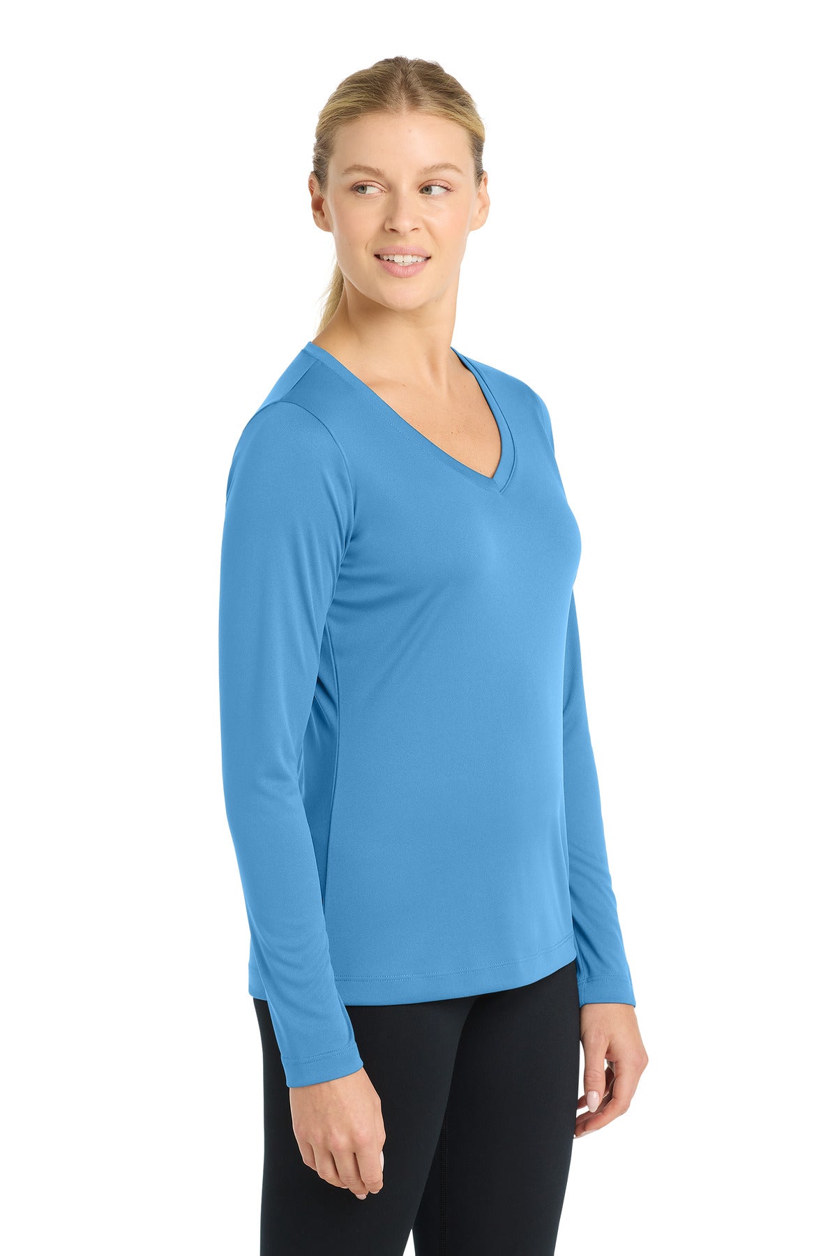 Carolina Blue Sport-Tek Women's Long Sleeve PosiCharge Competitor V-Neck Tee. LST353LS