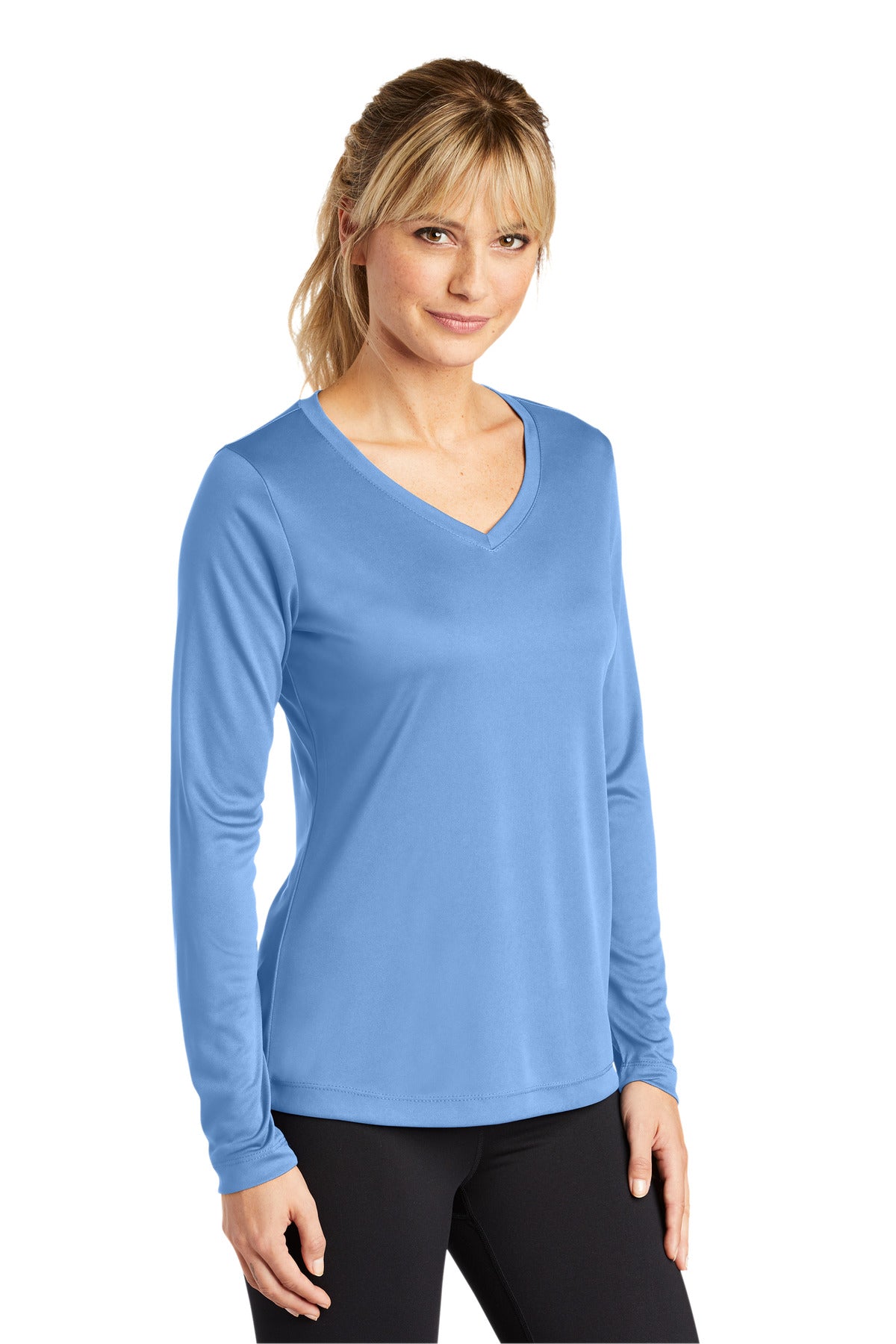 Carolina Blue Sport-Tek Women's Long Sleeve PosiCharge Competitor V-Neck Tee. LST353LS
