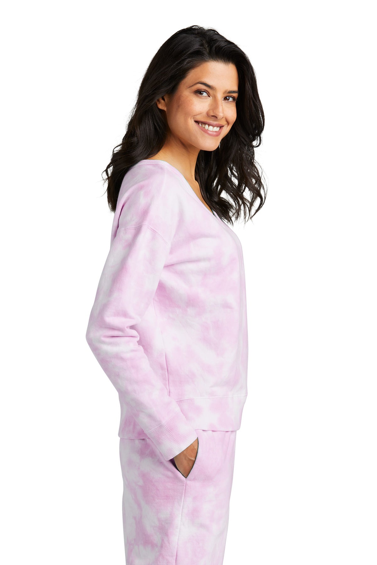 CerisePink Port & Company Women's Beach Wash Cloud Tie-Dye V-Neck Sweatshirt LPC140V