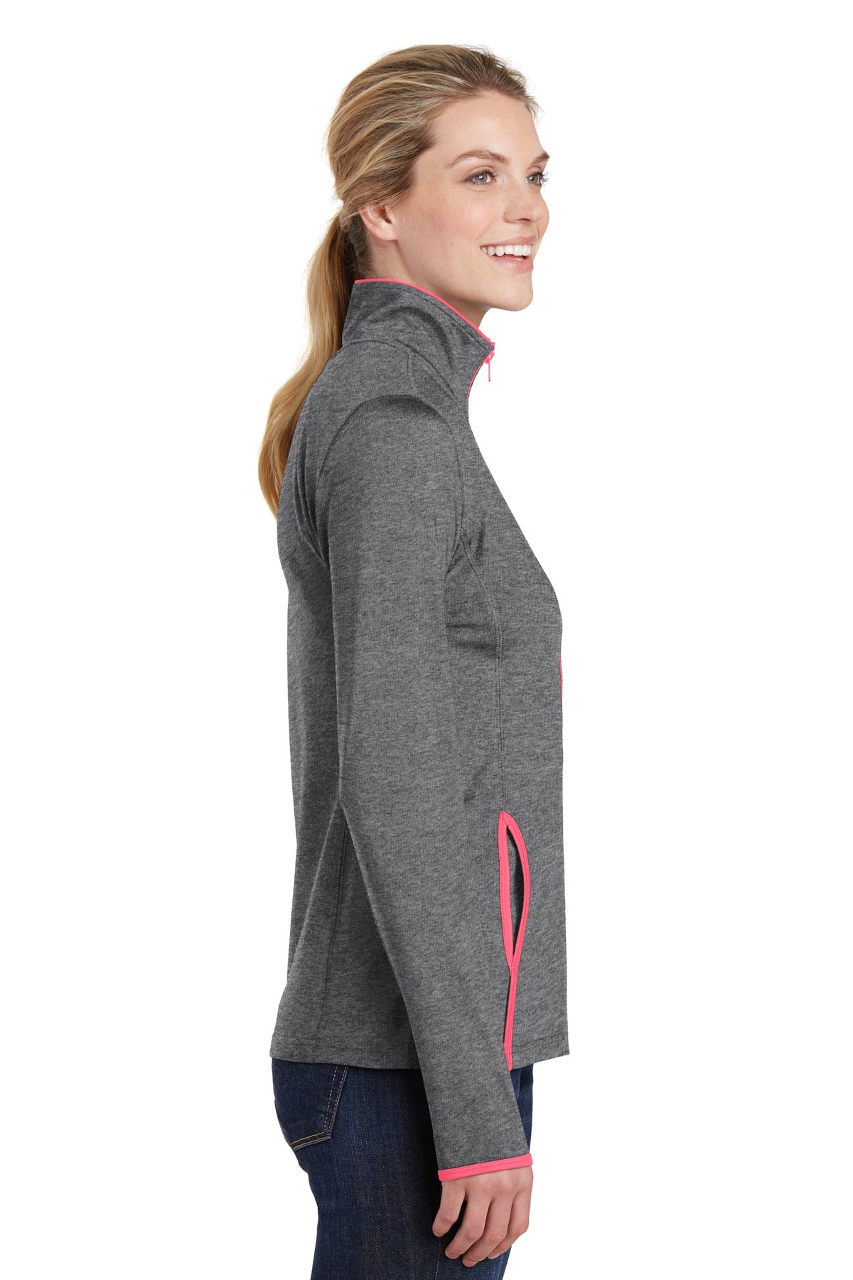 CGH/Hot Coral Sport-Tek Women's Sport-Wick Stretch Contrast Full-Zip Jacket. LST853