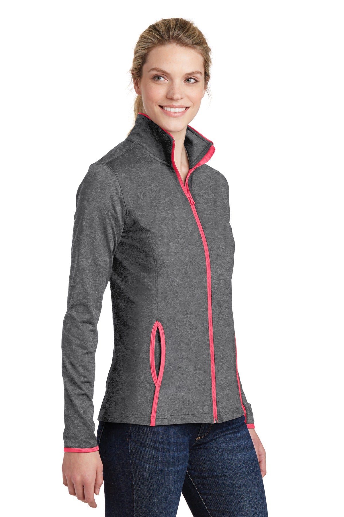 CGH/Hot Coral Sport-Tek Women's Sport-Wick Stretch Contrast Full-Zip Jacket. LST853