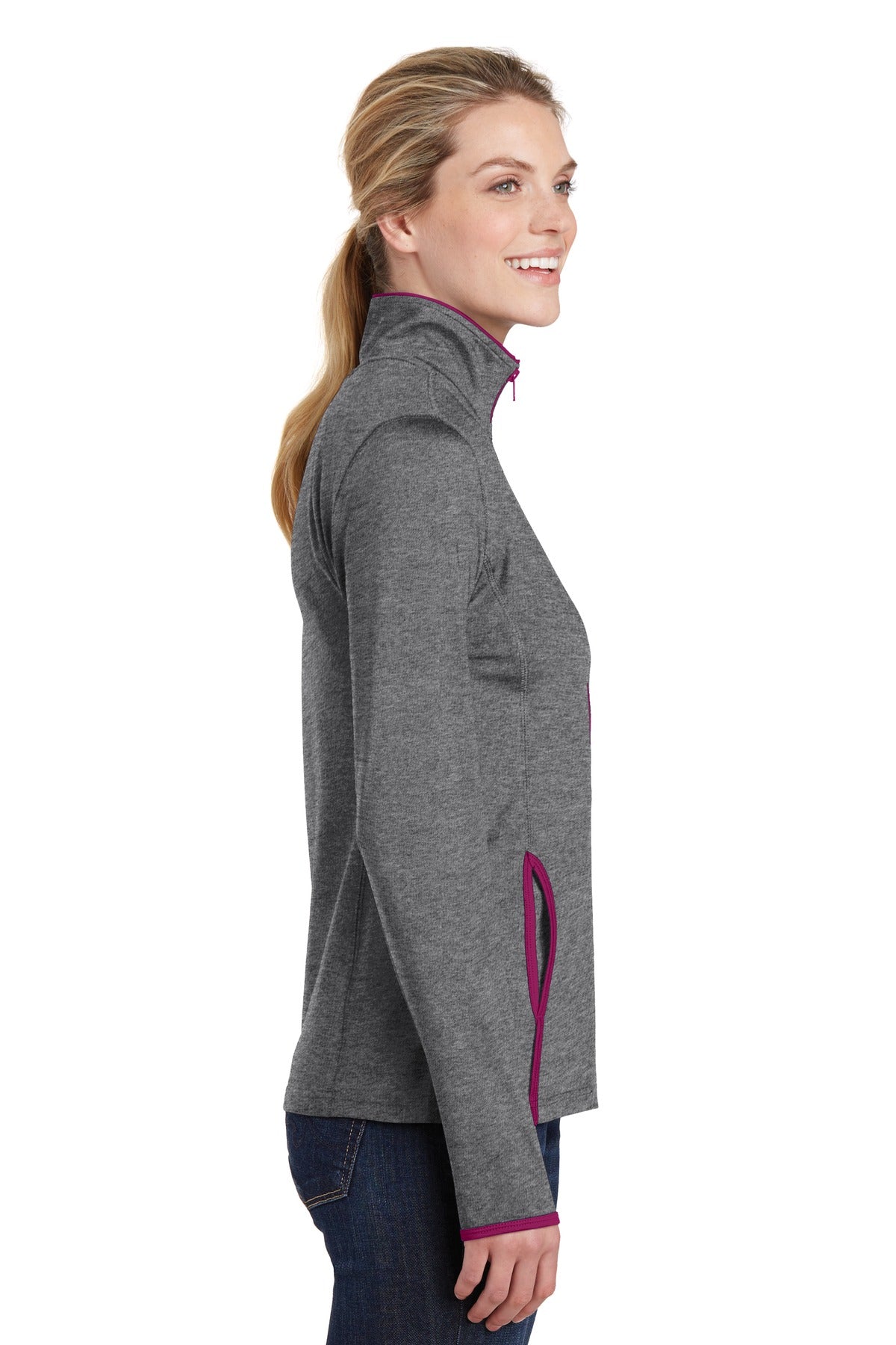 CGH/Pink Rush Sport-Tek Women's Sport-Wick Stretch Contrast Full-Zip Jacket. LST853