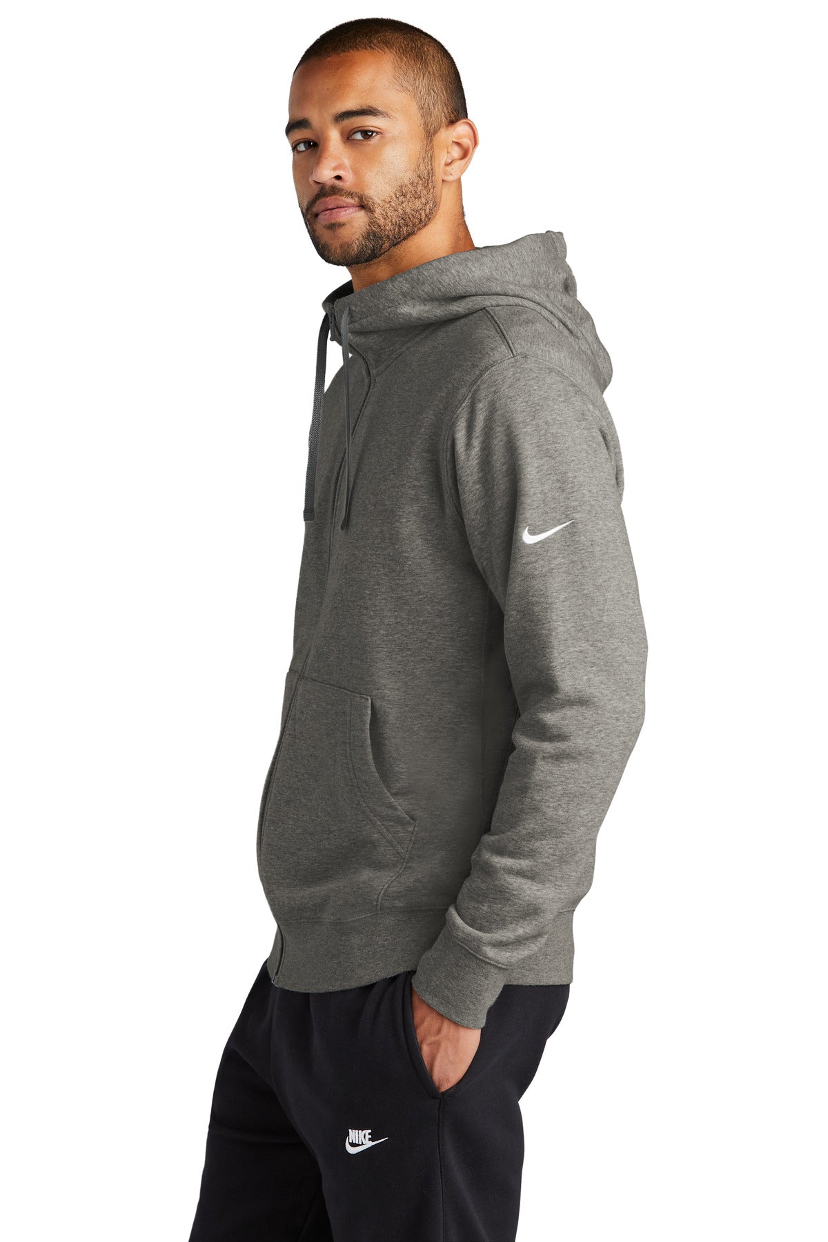 CharcoalHt Nike Club Fleece Sleeve Swoosh Full-Zip Hoodie NKDR1513