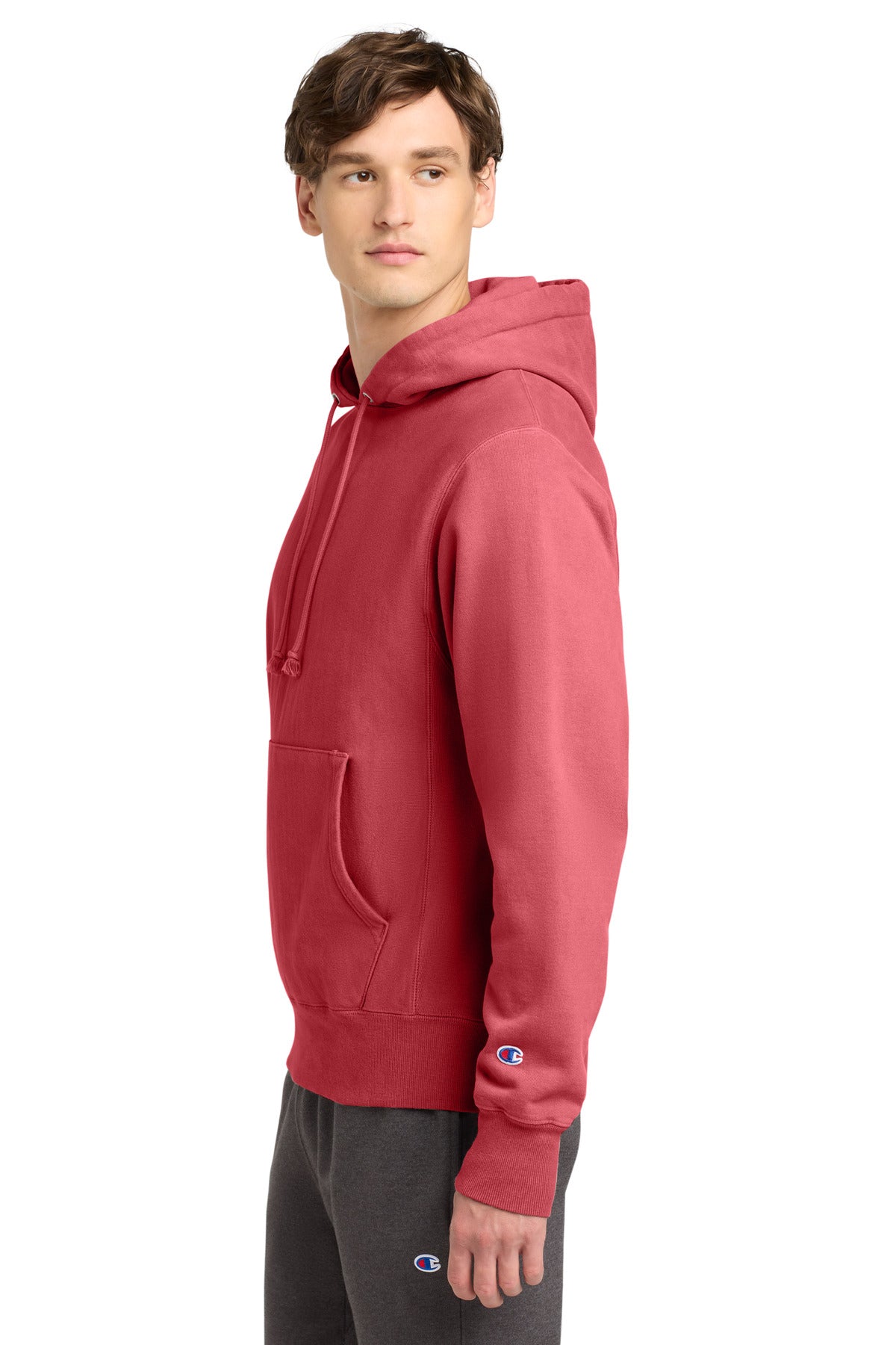 Crimson Champion Reverse Weave Garment-Dyed Hooded Sweatshirt. GDS101