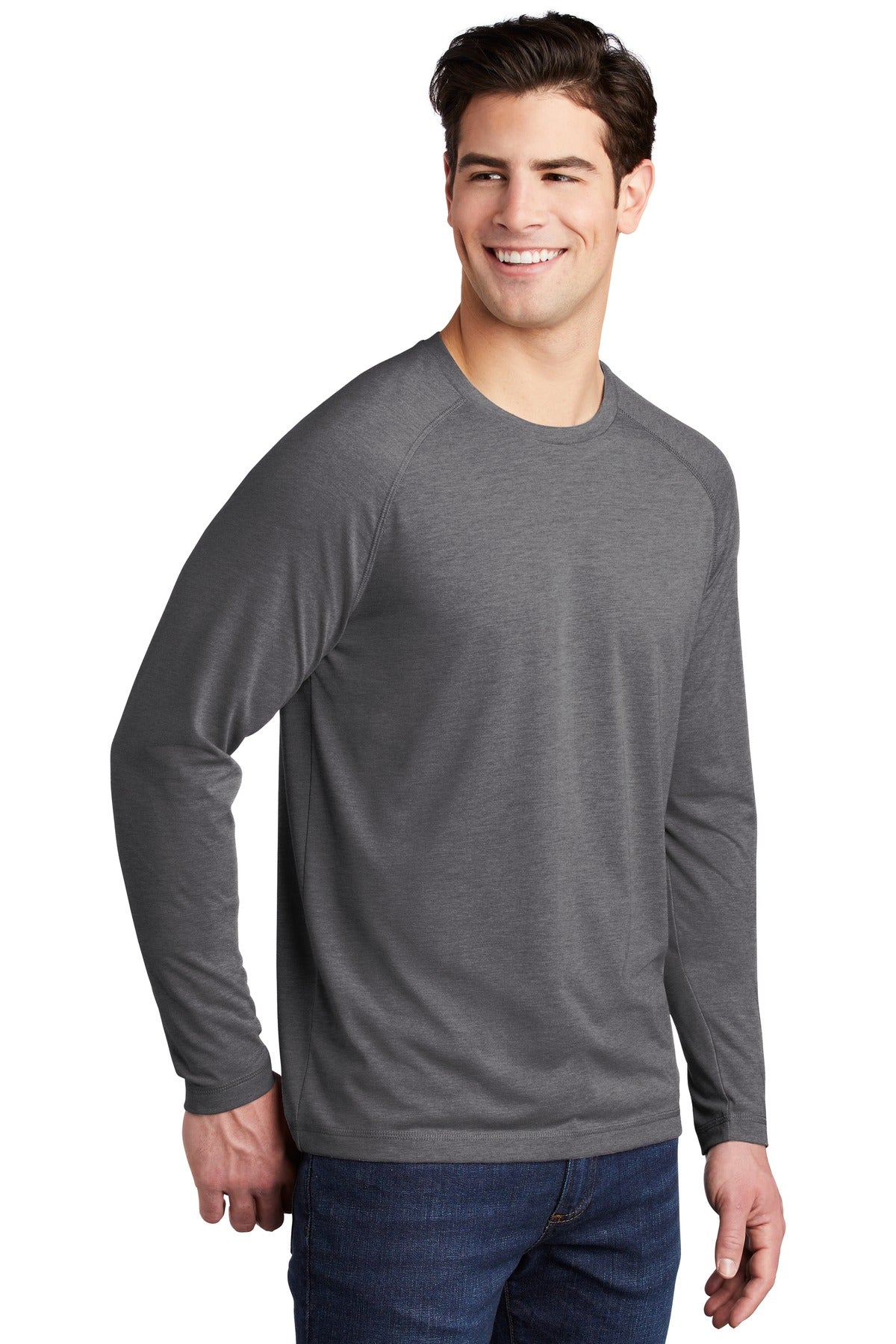 Dark Grey Hthr Sport-Tek PosiCharge Long Sleeve Tri-Blend Wicking Raglan Tee ST400LS