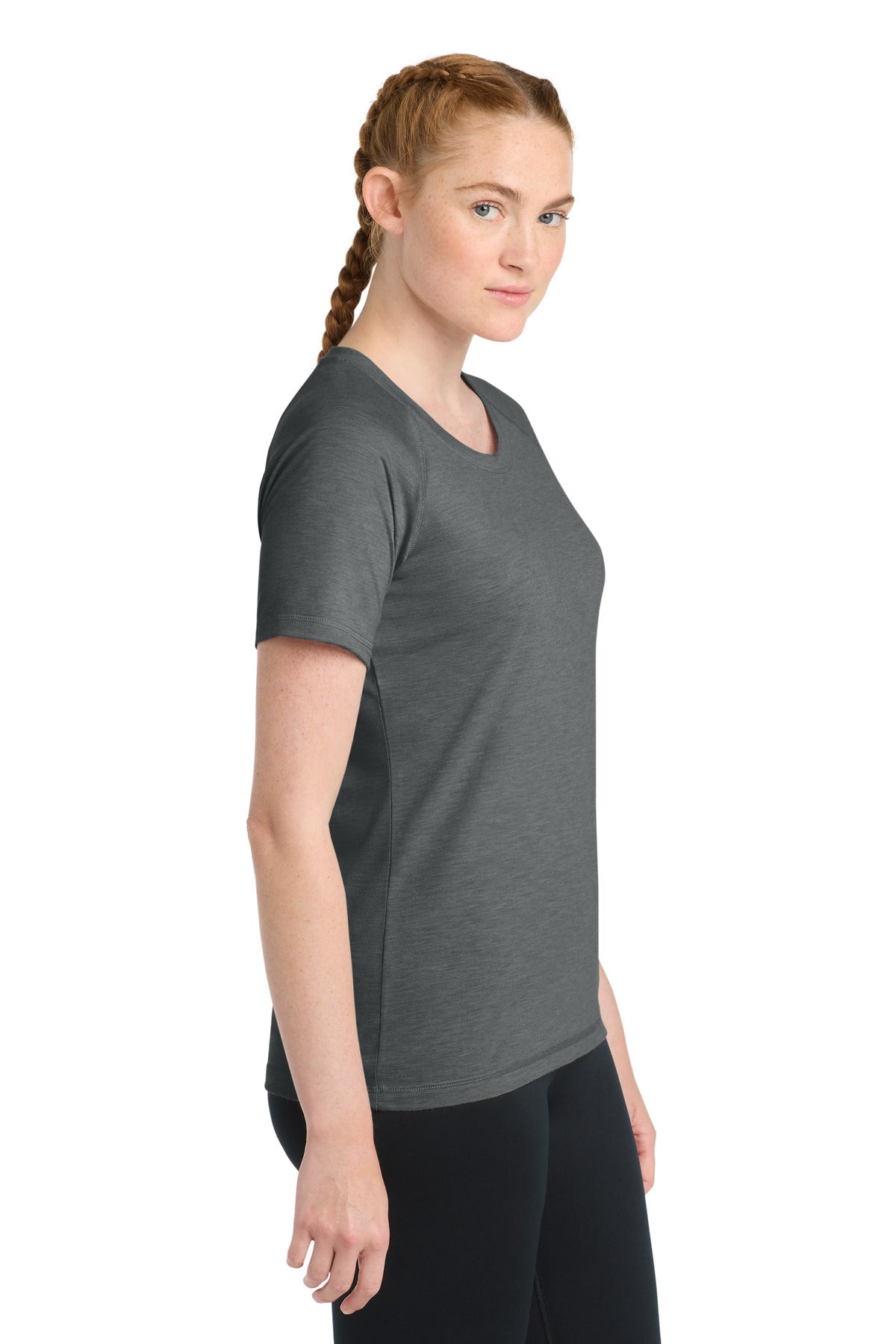 Dark Grey Hthr Sport-Tek Women's PosiCharge Tri-Blend Wicking Scoop Neck Raglan Tee. LST400