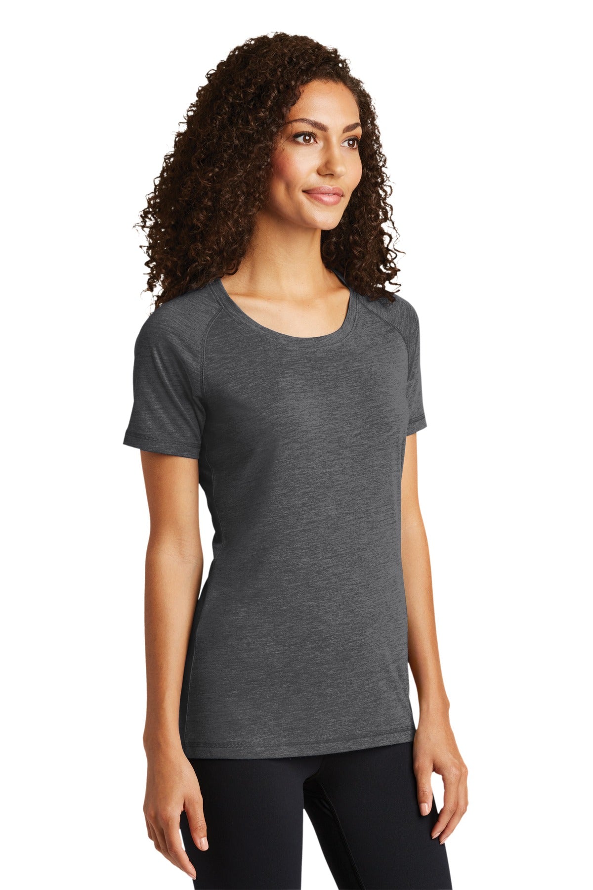Dark Grey Hthr Sport-Tek Women's PosiCharge Tri-Blend Wicking Scoop Neck Raglan Tee. LST400