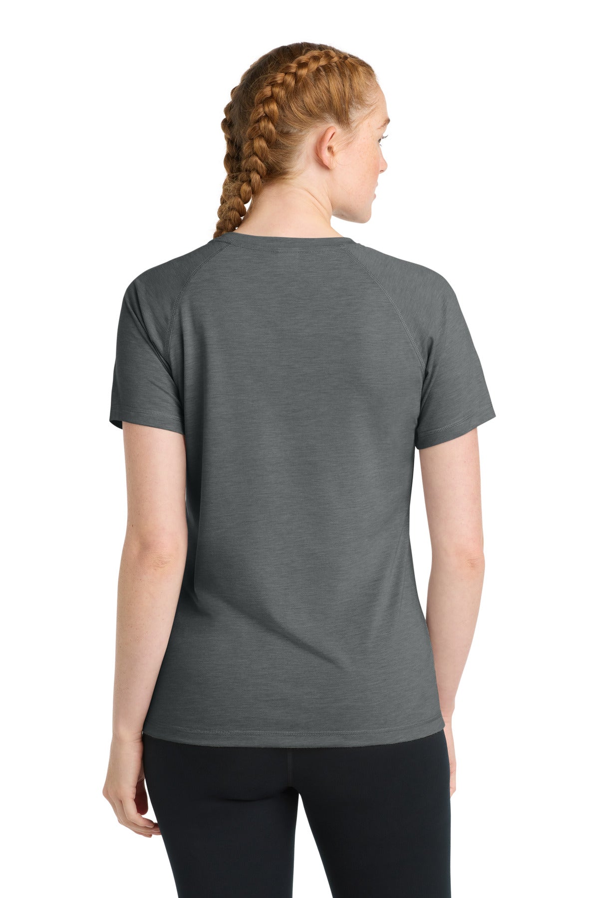 Dark Grey Hthr Sport-Tek Women's PosiCharge Tri-Blend Wicking Scoop Neck Raglan Tee. LST400