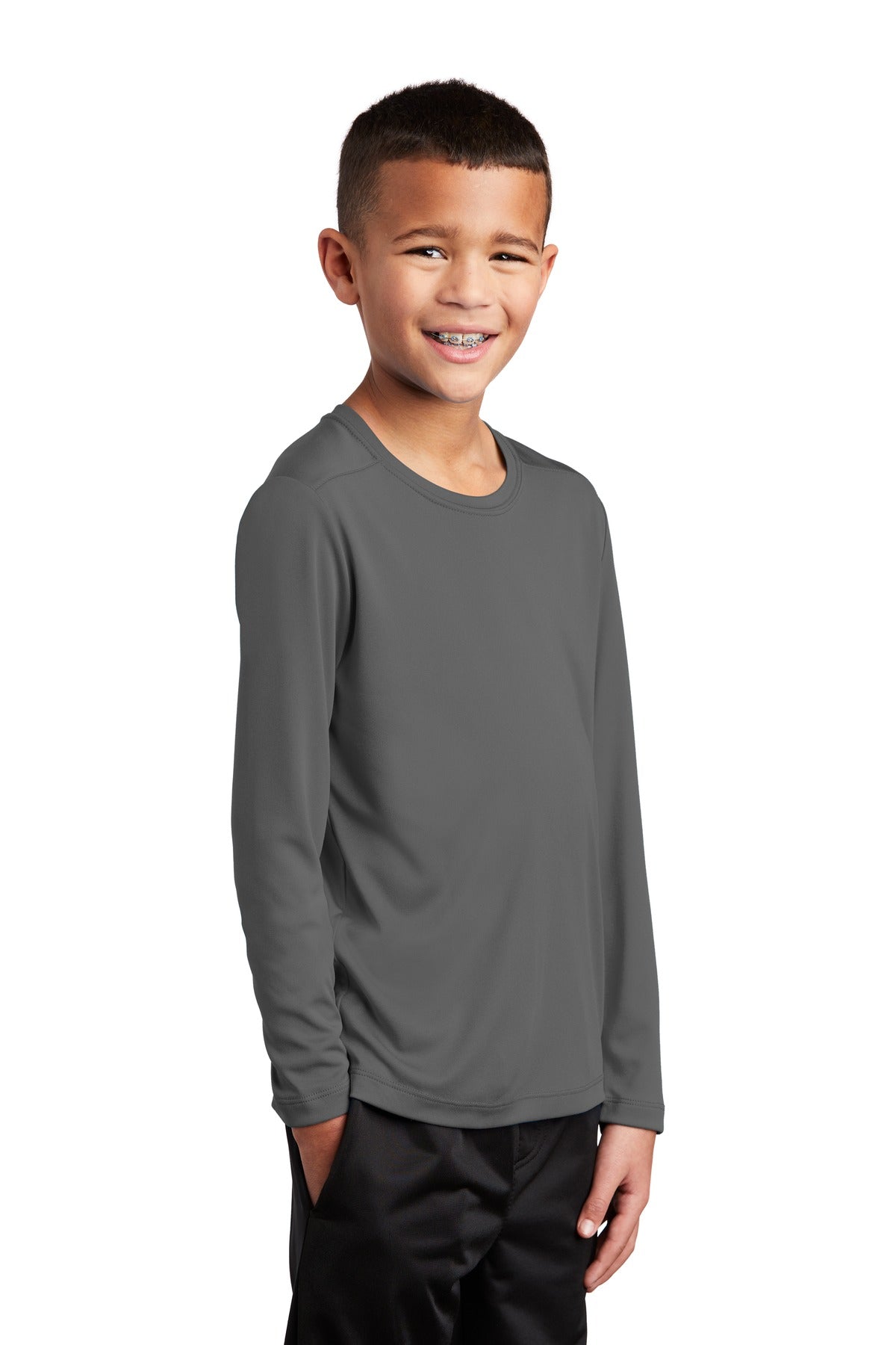 Dark Smoke Gry Sport-Tek Youth Posi-UV Pro Long Sleeve Tee. YST420LS