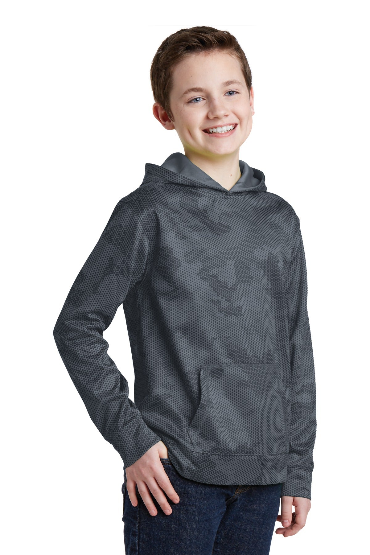 Dark Smoke Gry Sport-Tek Youth Sport-Wick CamoHex Fleece Hooded Pullover. YST240