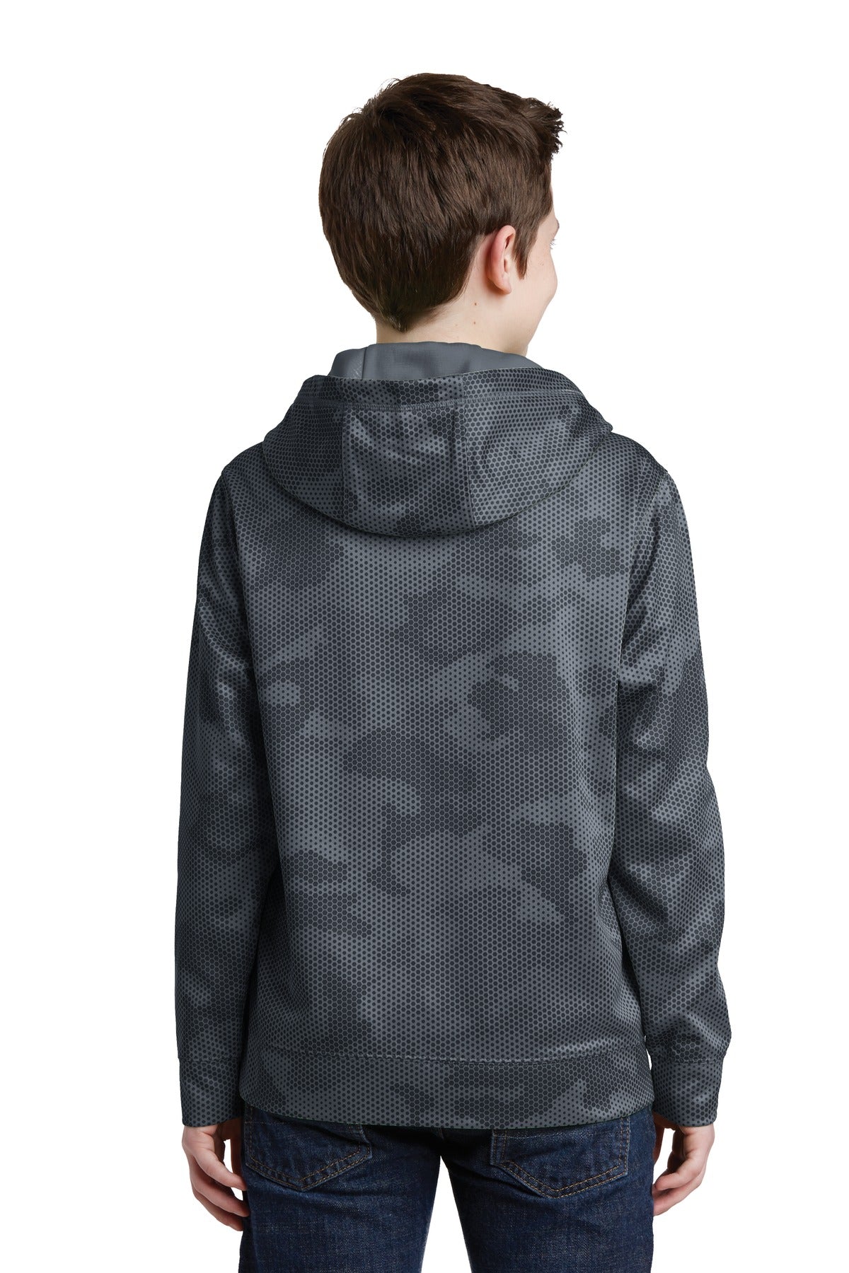 Dark Smoke Gry Sport-Tek Youth Sport-Wick CamoHex Fleece Hooded Pullover. YST240