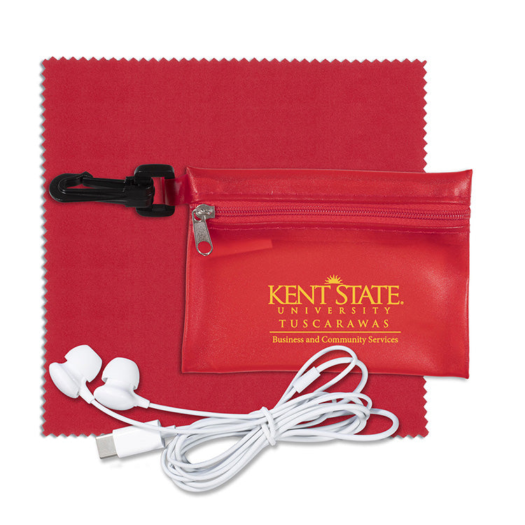 Earbud Tech Kit with Microfiber Cleaning Cloth In Translucent Carabiner Zipper Pouch