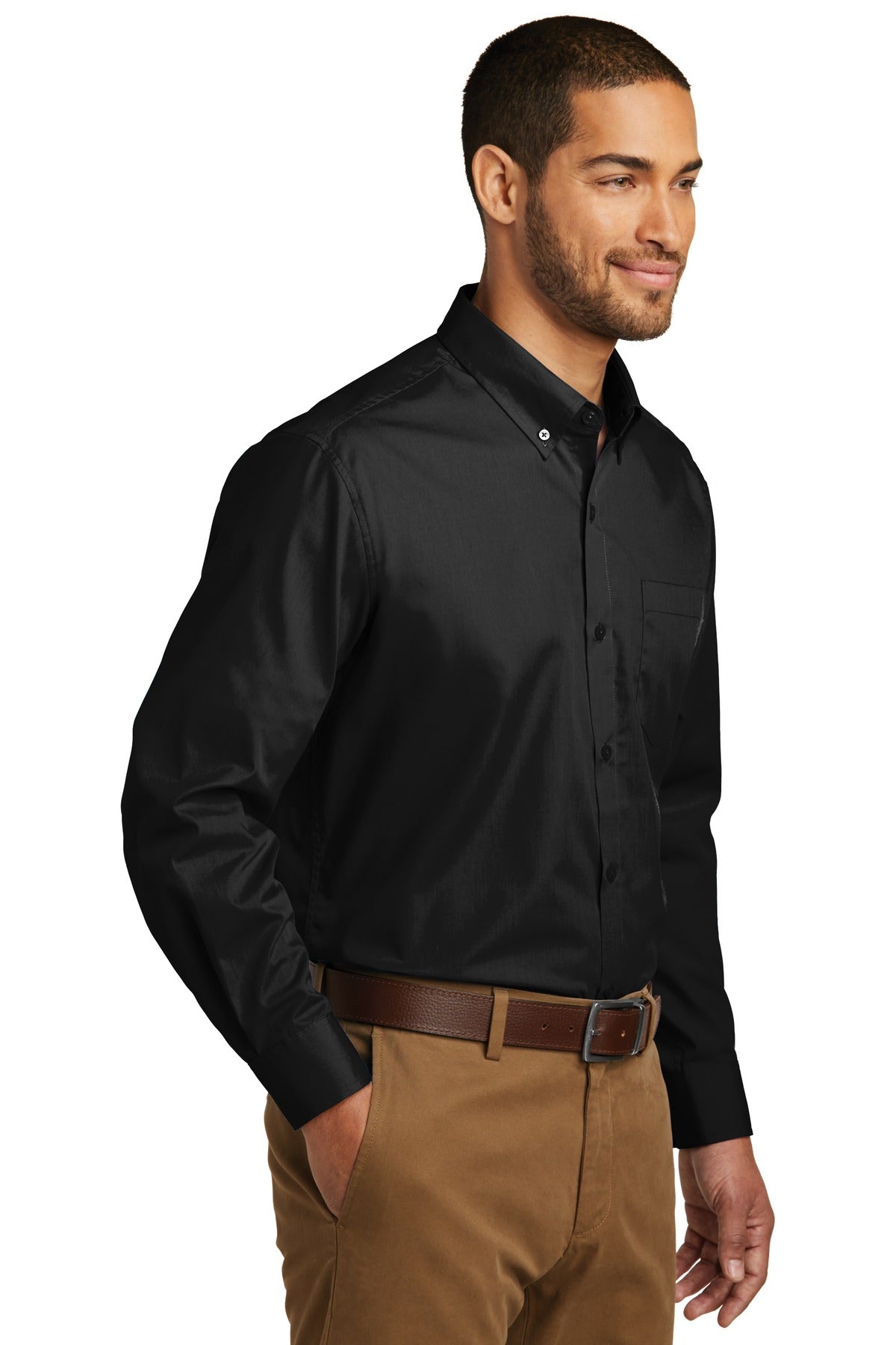 Deep Black Port Authority Tall Long Sleeve Carefree Poplin Shirt. TW100