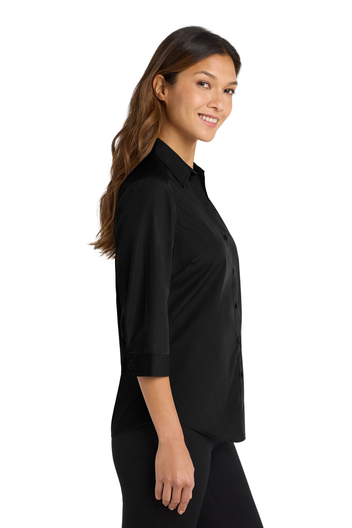 Deep Black Port Authority Women's 3/4-Sleeve Carefree Poplin Shirt. LW102