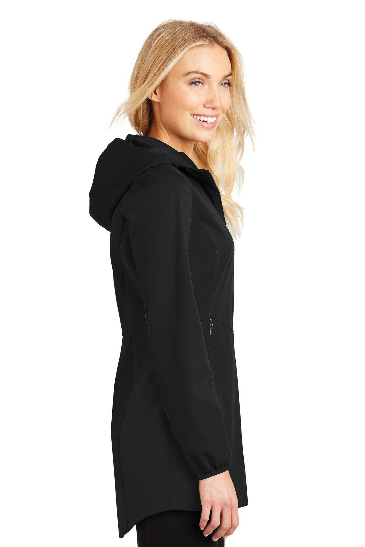 Deep Black Port Authority Women's Active Hooded Soft Shell Jacket. L719