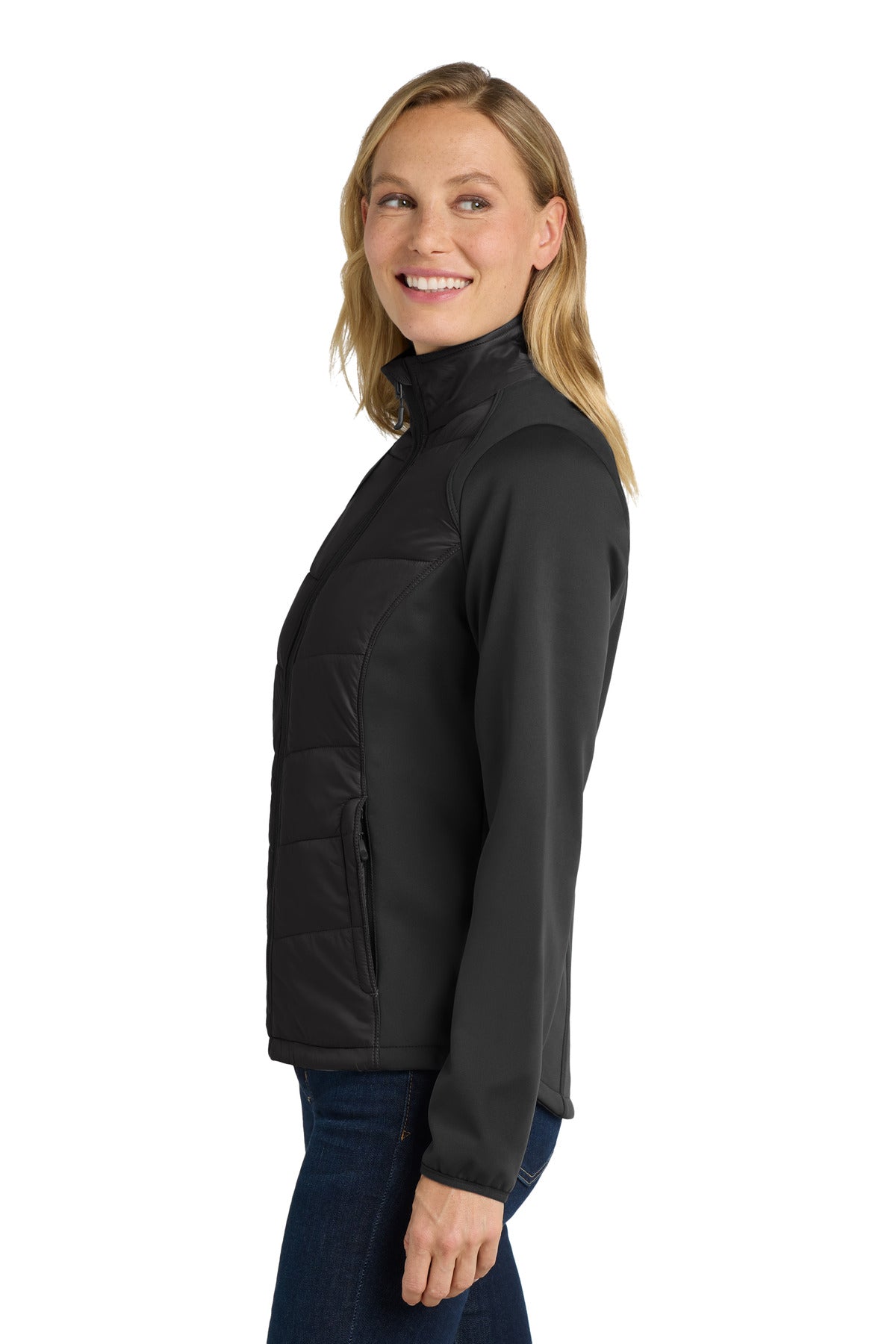 Deep Black Port Authority Women's Hybrid Soft Shell Jacket. L787