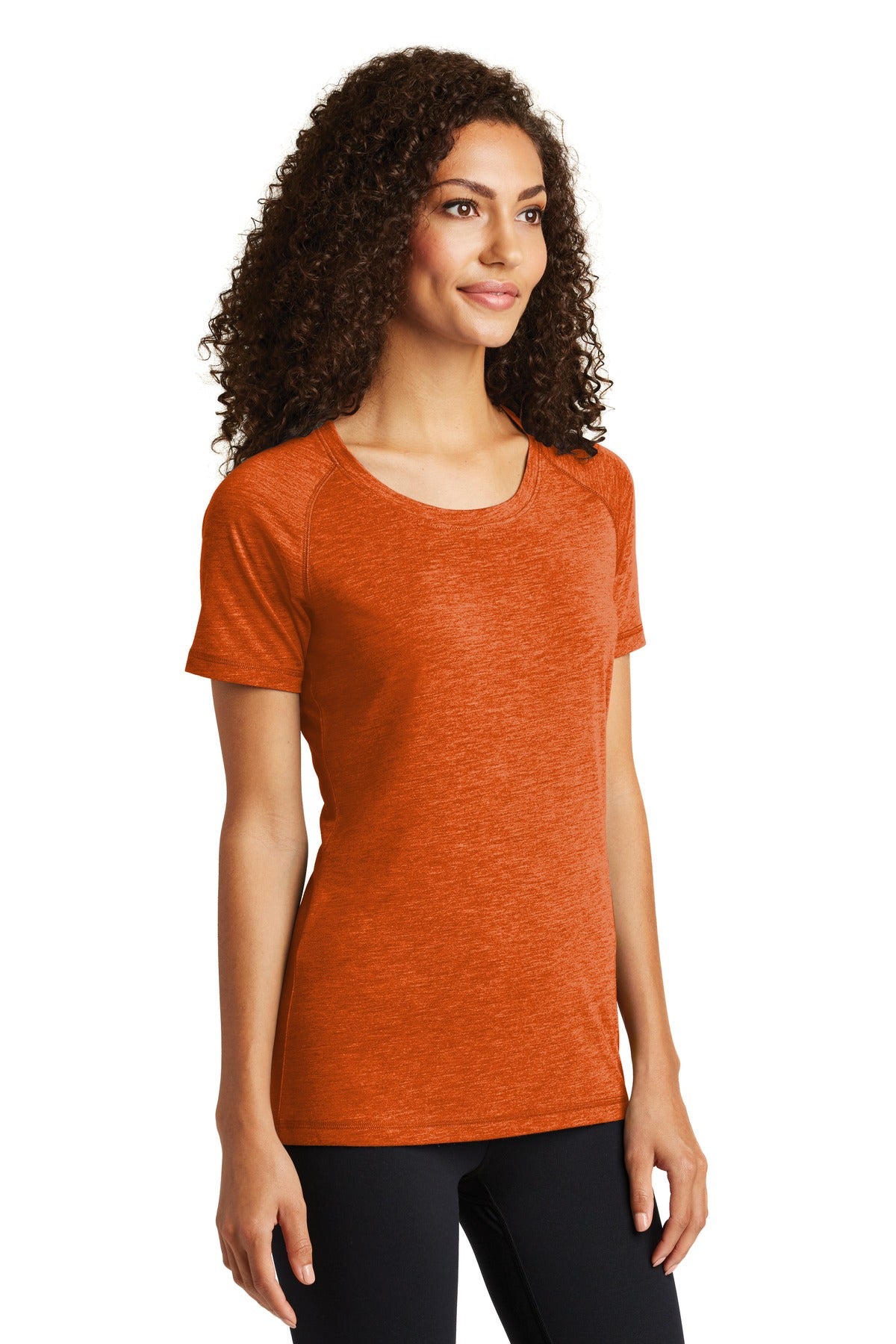 Deep Orng Hthr Sport-Tek Women's PosiCharge Tri-Blend Wicking Scoop Neck Raglan Tee. LST400