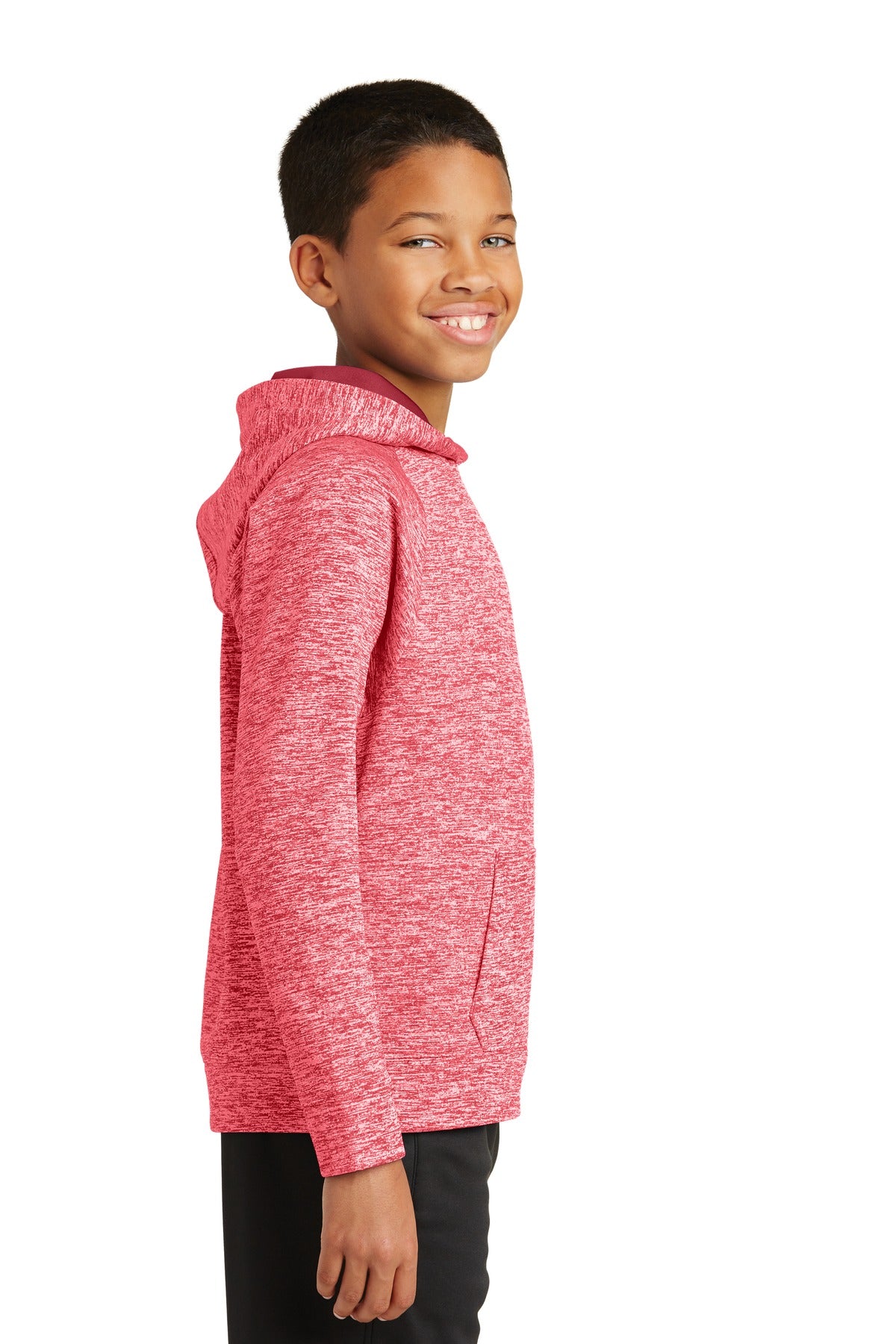Deep Red Elect Sport-Tek Youth PosiCharge Electric Heather Fleece Hooded Pullover. YST225