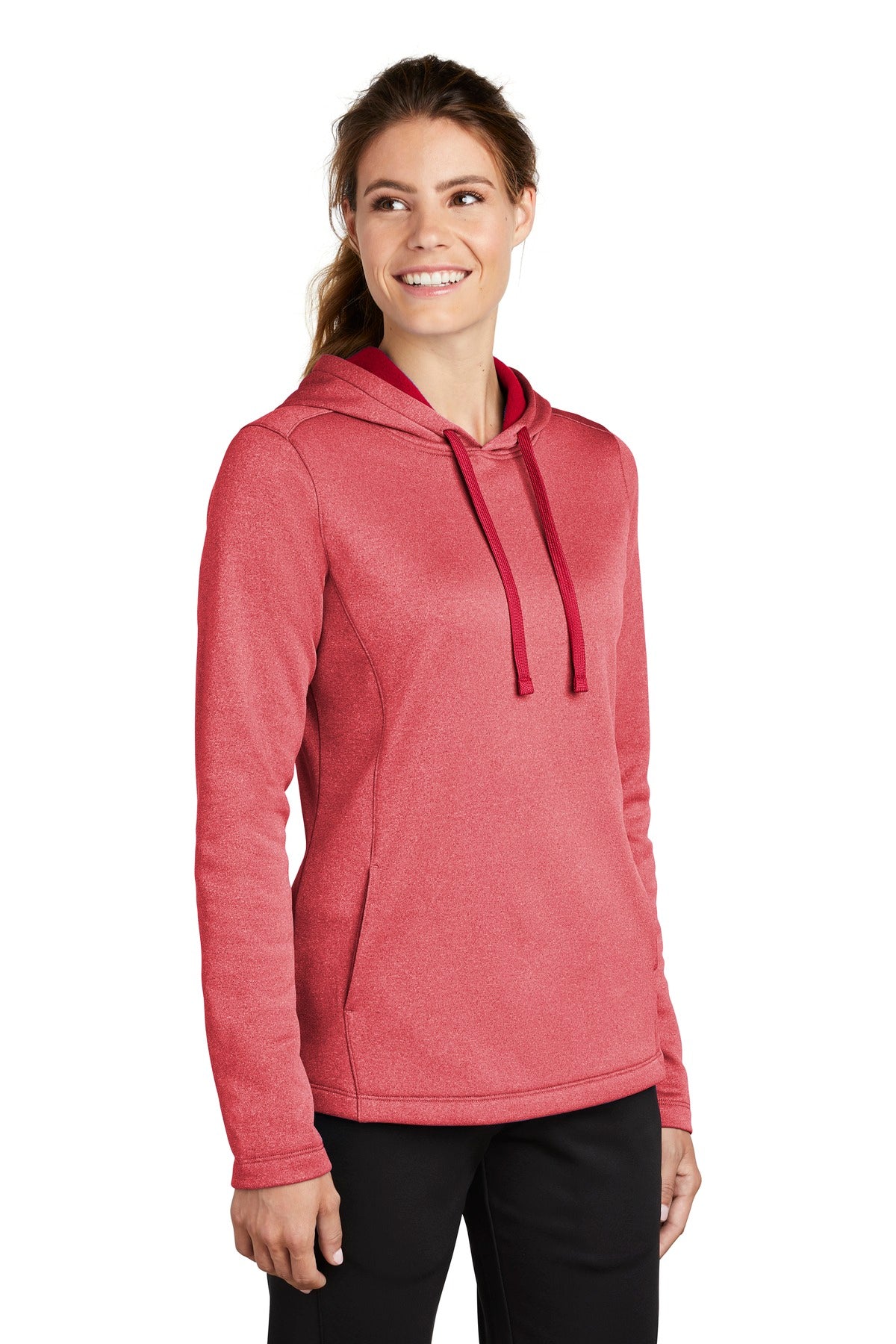 Deep Red Hthr Sport-Tek Women's PosiCharge Sport-Wick Heather Fleece Hooded Pullover. LST264