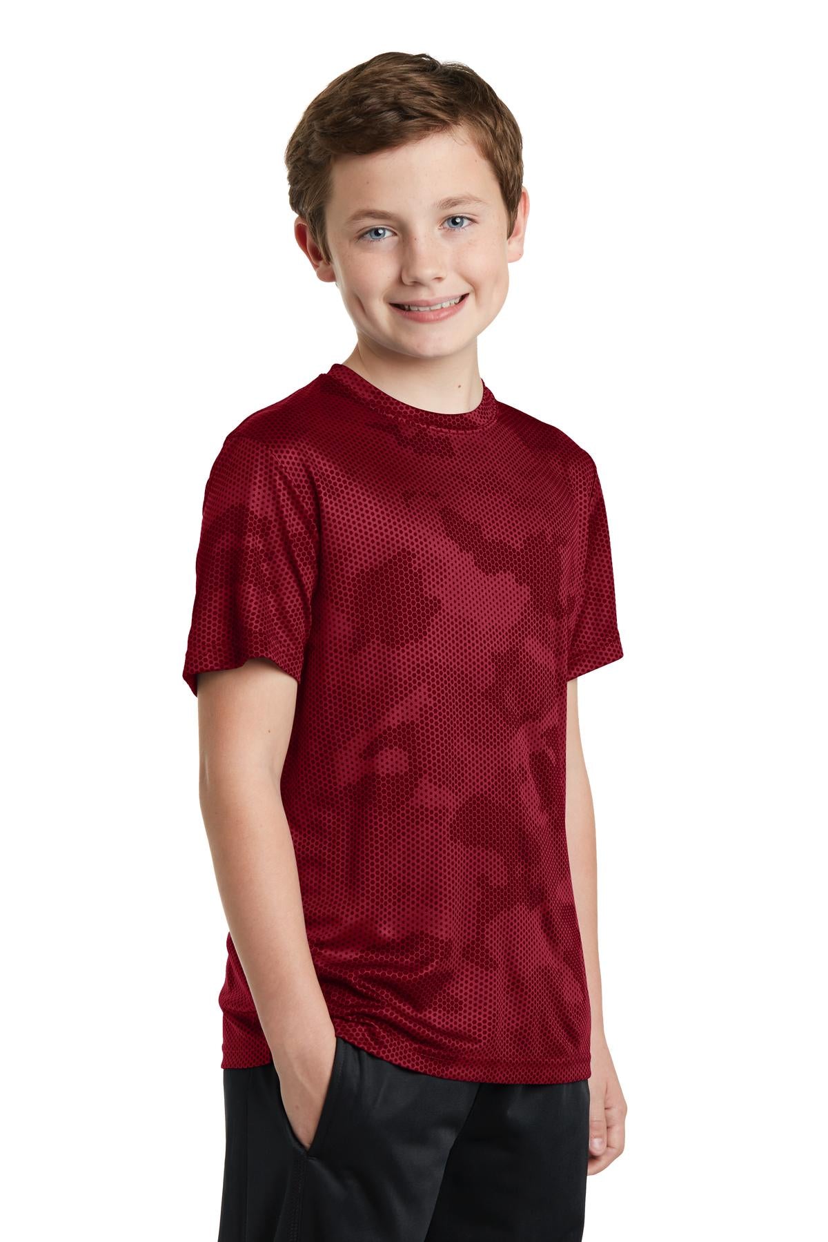 Deep Red Sport-Tek Youth CamoHex Tee. YST370