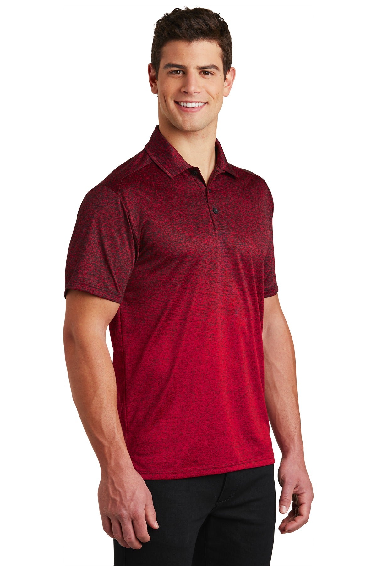 Deep Red/Black Sport-Tek Ombre Heather Polo. ST671
