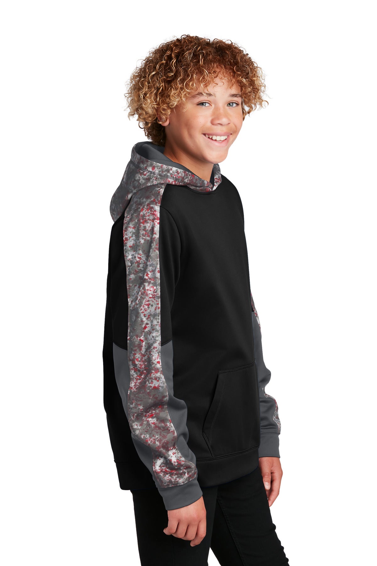 Deep Red/Black Sport-Tek Youth Sport-Wick Mineral Freeze Fleece Colorblock Hooded Pullover. YST231
