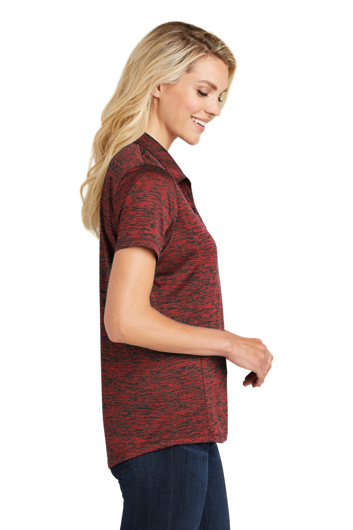 Deep Red/Blk E Sport-Tek Women's PosiCharge Electric Heather Polo. LST590